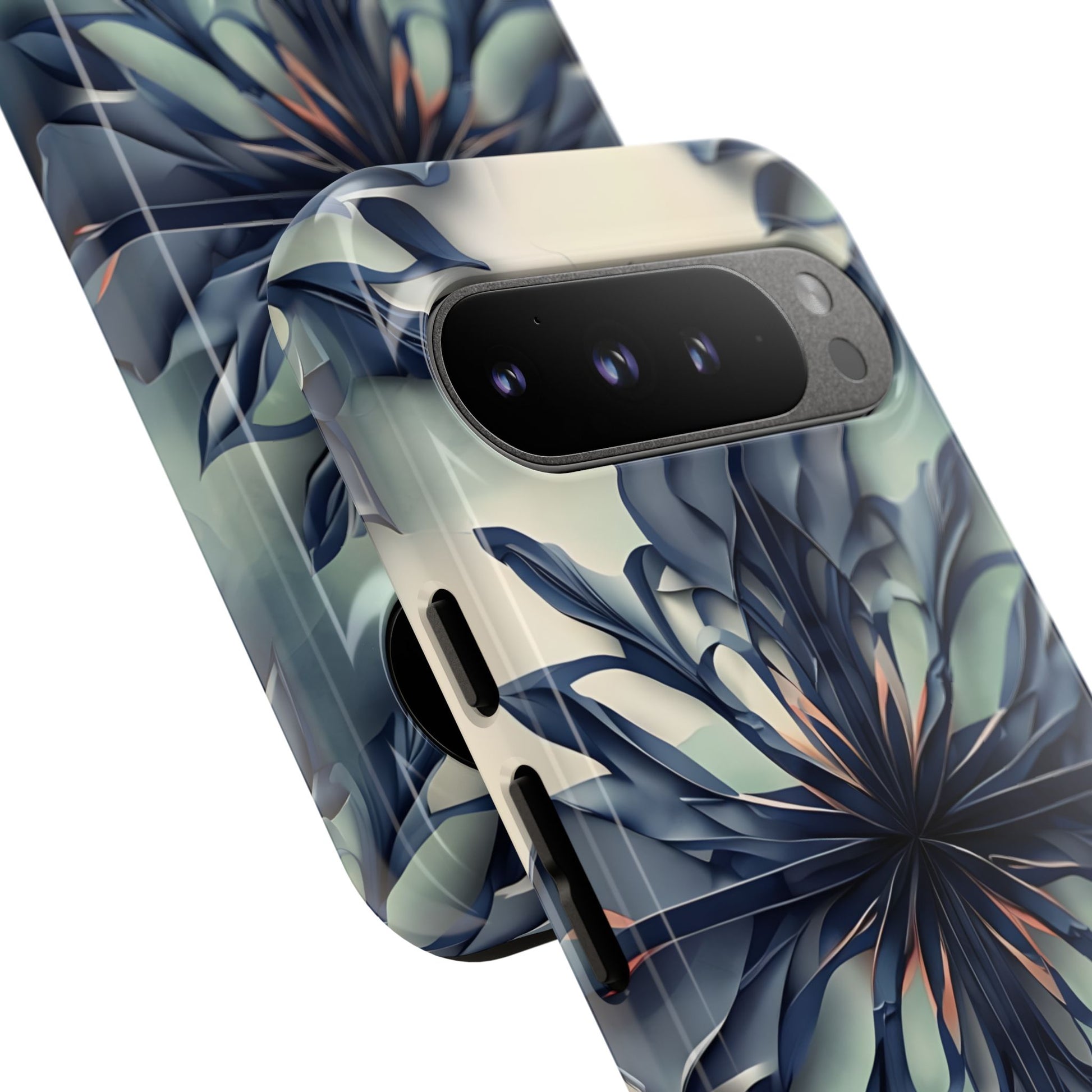 Frosted Indigo Bloom - Artistic Kaleidoscope Collection Artistic Floral - Google Pixel 9 Pro XL Tough Phone Case - Blue Symmetrical Design
