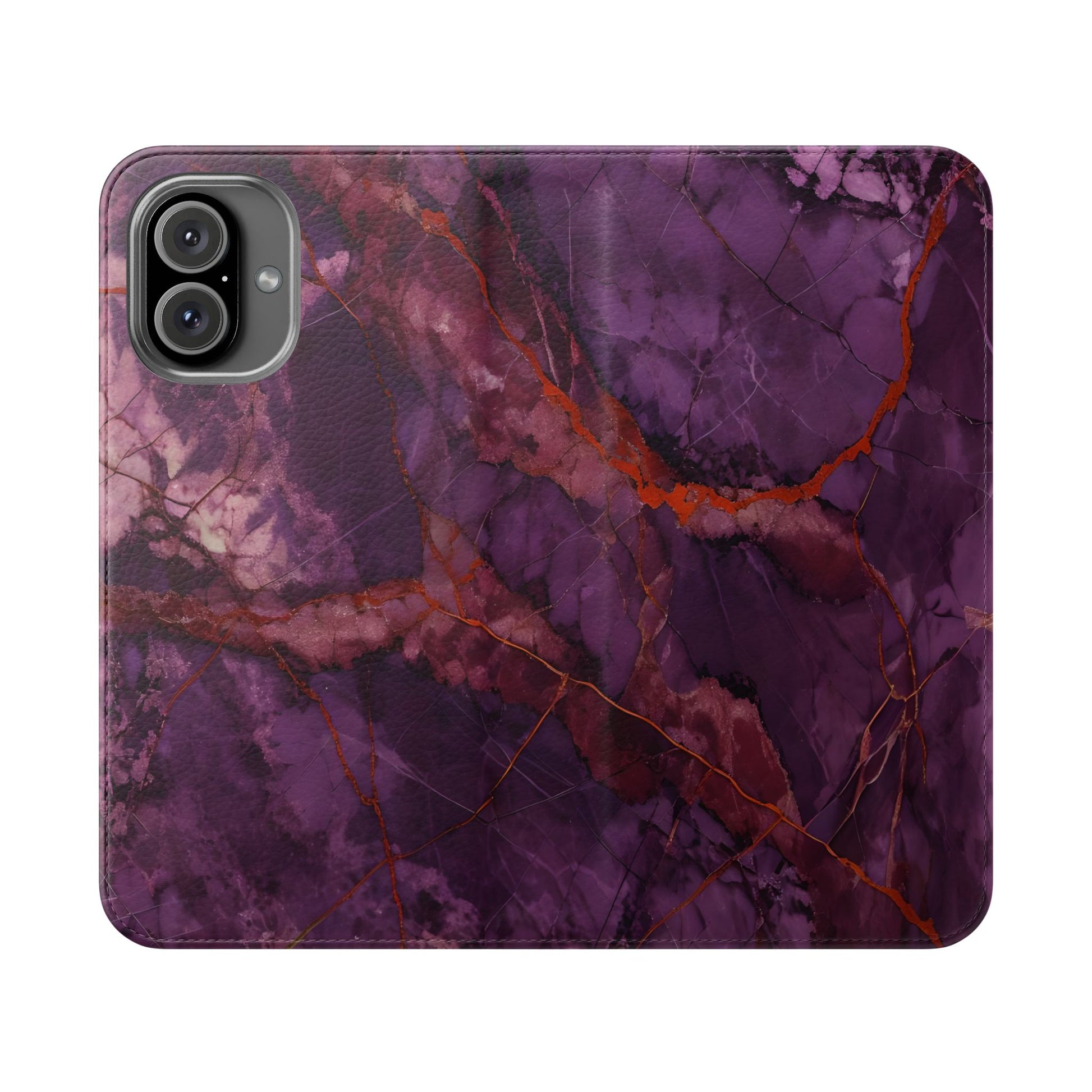 Amethyst Current Wallet Phone Case - Elegant Purple Marble Flip Cover for iPhone 16 Plus
