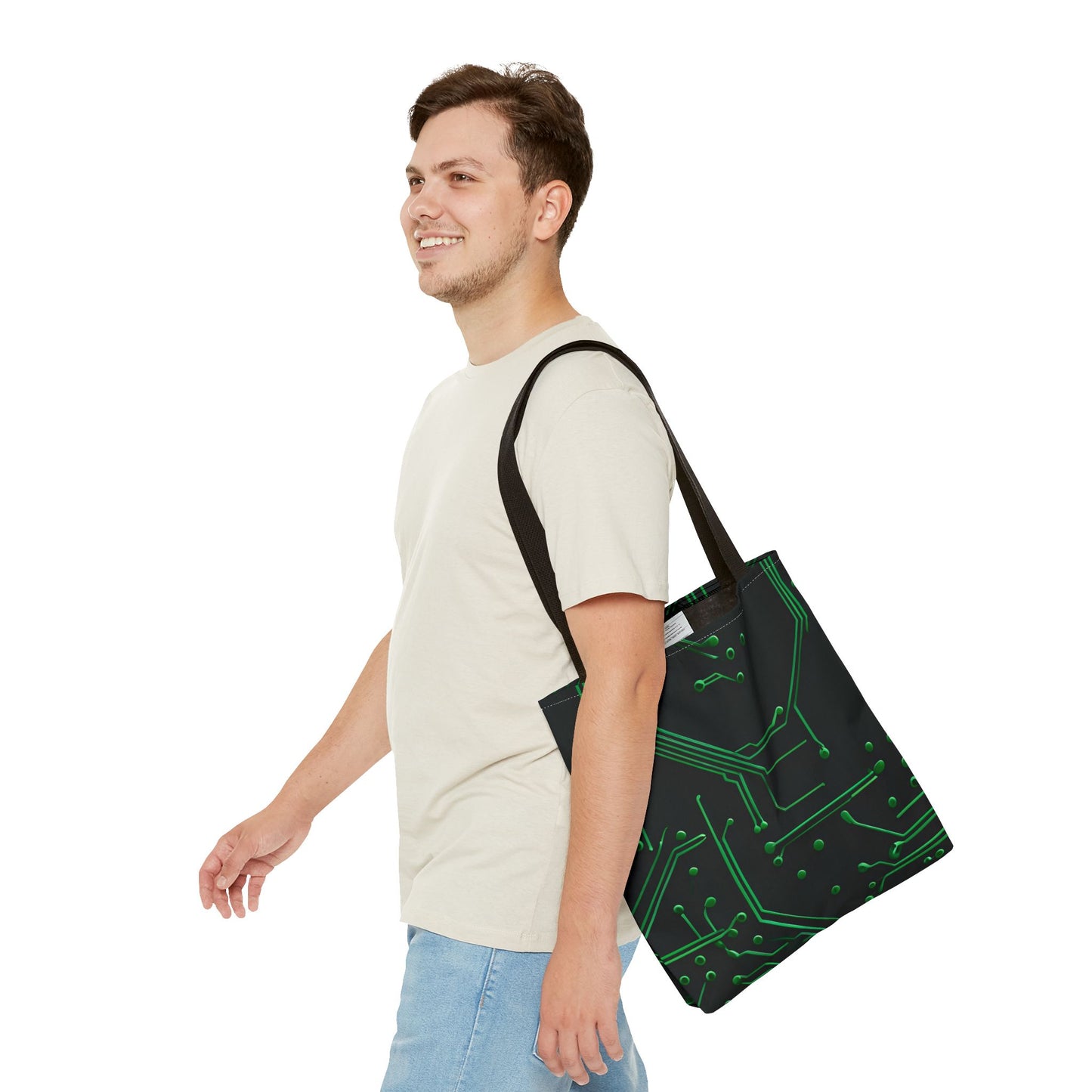 Green Circuit Grid Tote Bag (16x16 & 18x18)- Tech-Inspired Design on Black, Reusable & Eco-Friendly