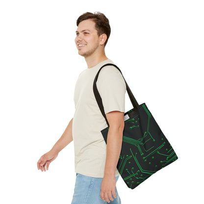 Green Circuit Grid Tote Bag (16x16 & 18x18)- Tech-Inspired Design on Black, Reusable & Eco-Friendly