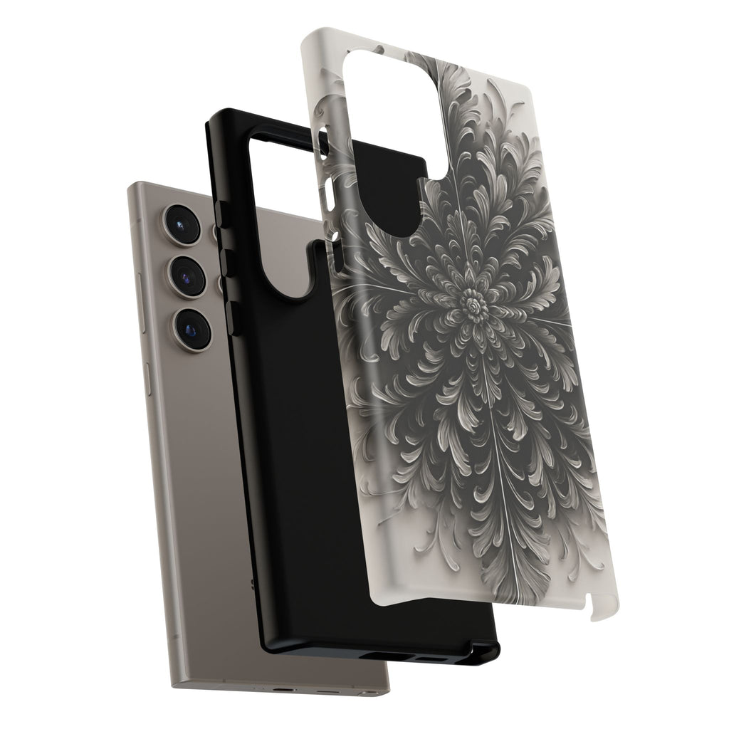 Obsidian Bloom - Elegant Black & White Samsung Galaxy S24 Ultra Tough Phone Case - Intricate Mandala Flower Design