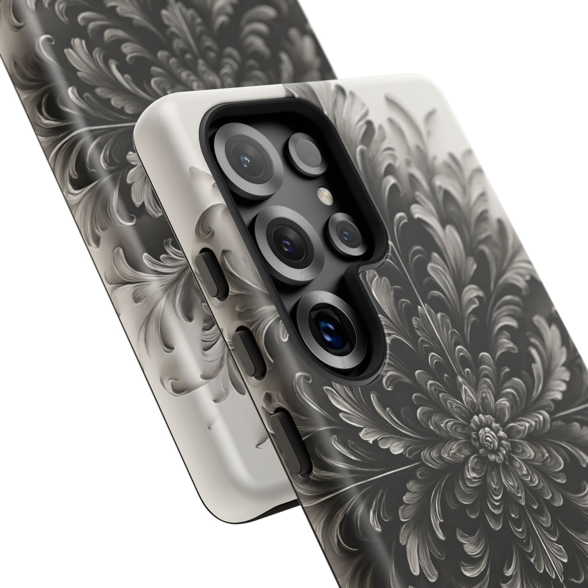 Obsidian Bloom - Elegant Black & White Samsung Galaxy S25 Ultra Tough Phone Case - Intricate Mandala Flower Design