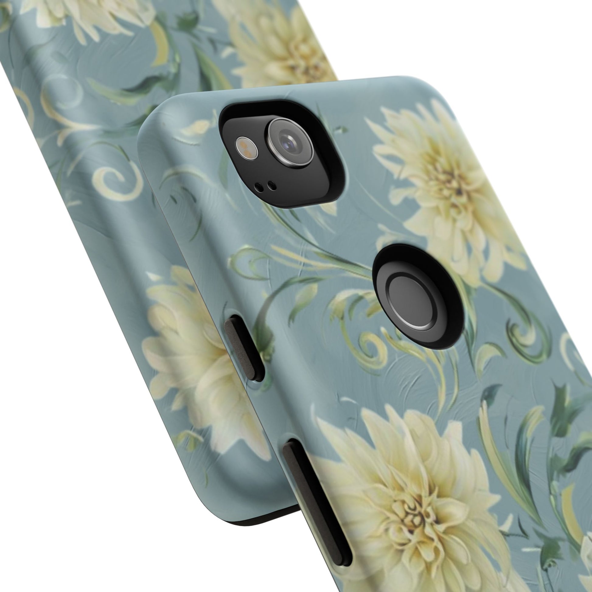 Golden Dahlia Trio - Elegant Floral Google Pixel 2 Tough Phone Case - Artistic White & Blue Dahlia Design