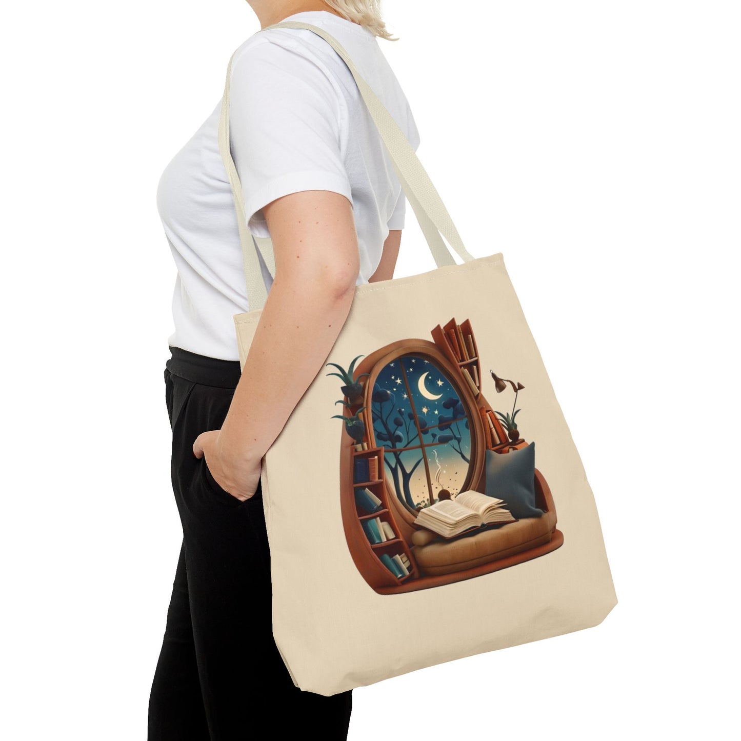 Starlit Sanctuary Canvas Tote Bag (16x16 & 18x18) - Cozy Reading Nook Design Eco-Friendly Shopping Bag