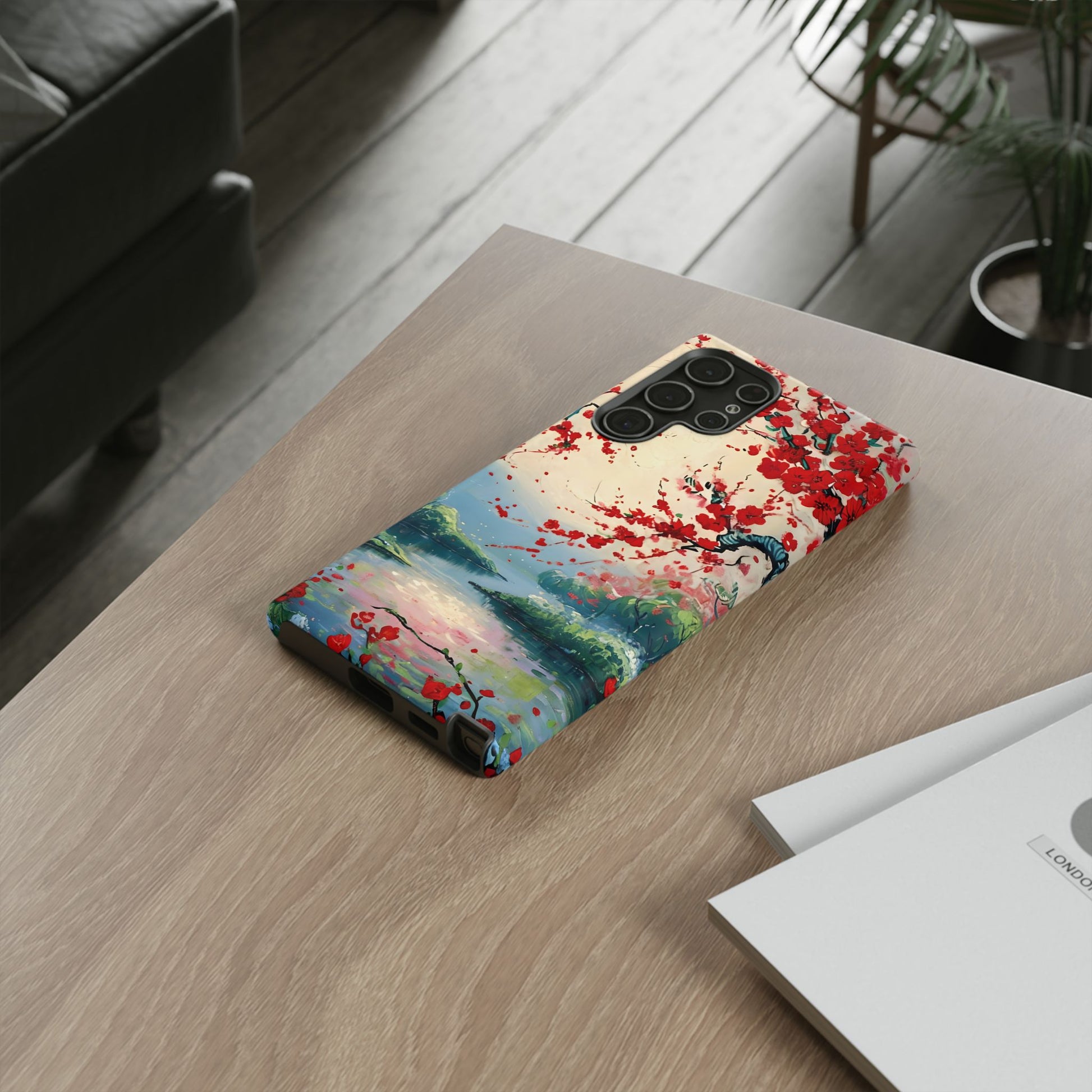 Crimson Blossom Lake - Artistic Floral Landscape Samsung Galaxy S22 Ultra Tough Phone Case - Red Cherry Blossoms & Serene Lake Design