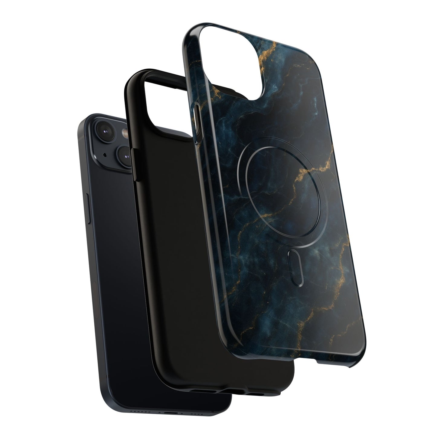 iPhone MagSafe case with dark navy marble design showing internal dual protection layers.