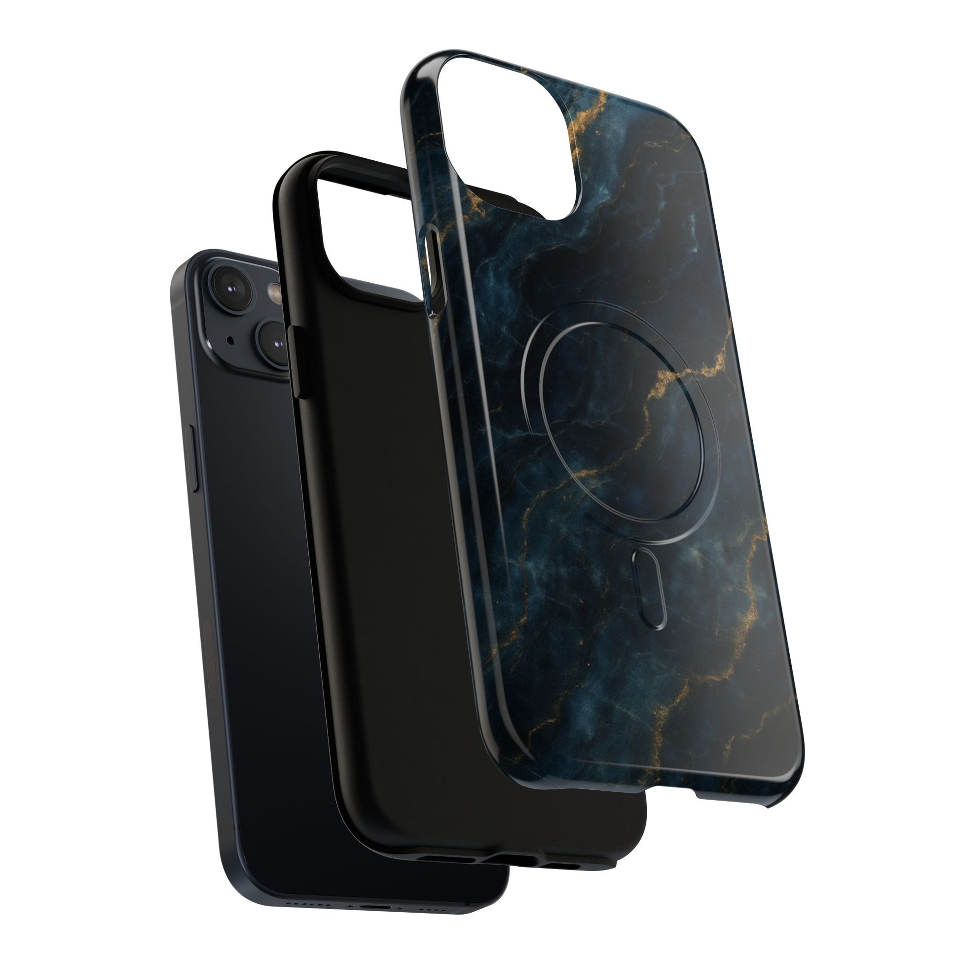 iPhone MagSafe case with dark navy marble design showing internal dual protection layers.