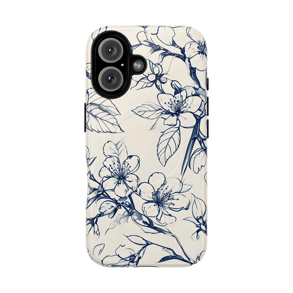Blossom Sketch - Artistic Blue Floral - iPhone 16 MagSafe Phone Case - Hand-Drawn Botanical Design