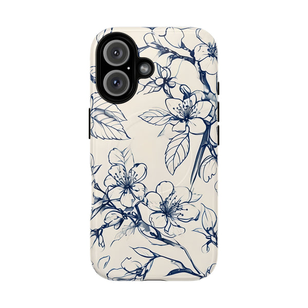 Blossom Sketch - Artistic Blue Floral - iPhone 16 MagSafe Phone Case - Hand-Drawn Botanical Design