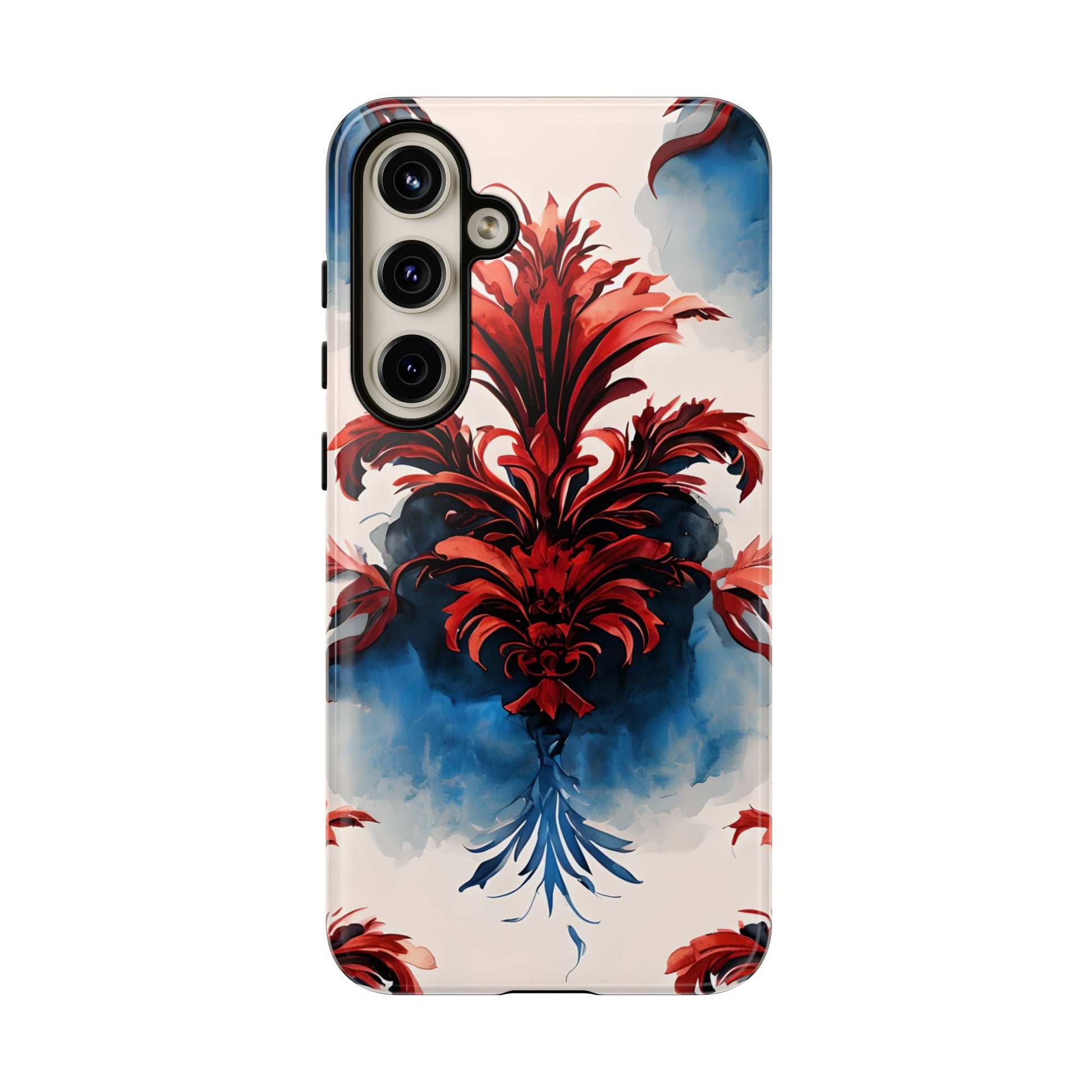 Crimson Plume - Bold Artistic Feather Samsung Galaxy S24 Plus Tough Phone Case - Dramatic Red & Blue Design
