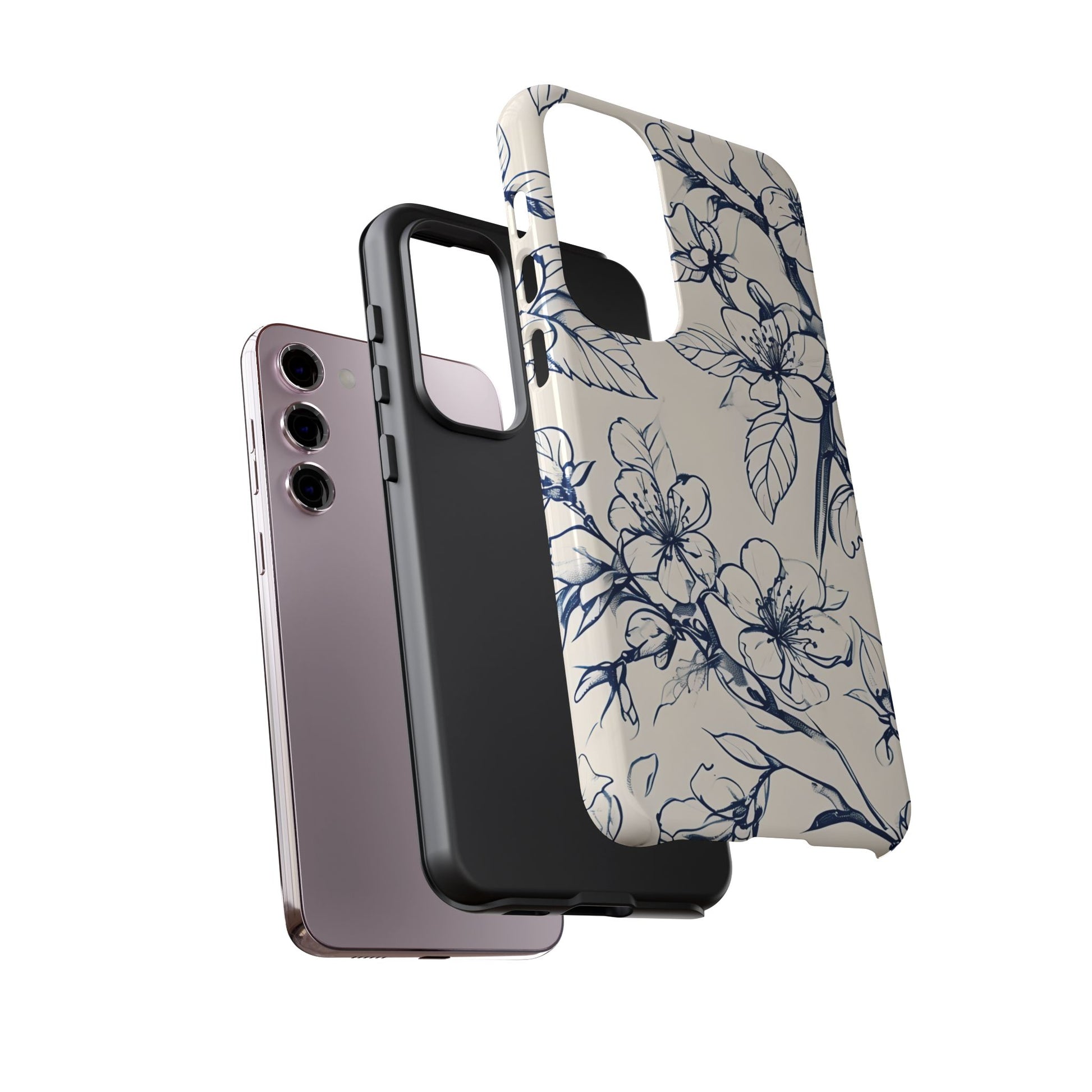 Blossom Sketch - Artistic Blue Floral Samsung Galaxy S23 Plus Tough Phone Case - Hand-Drawn Botanical Design