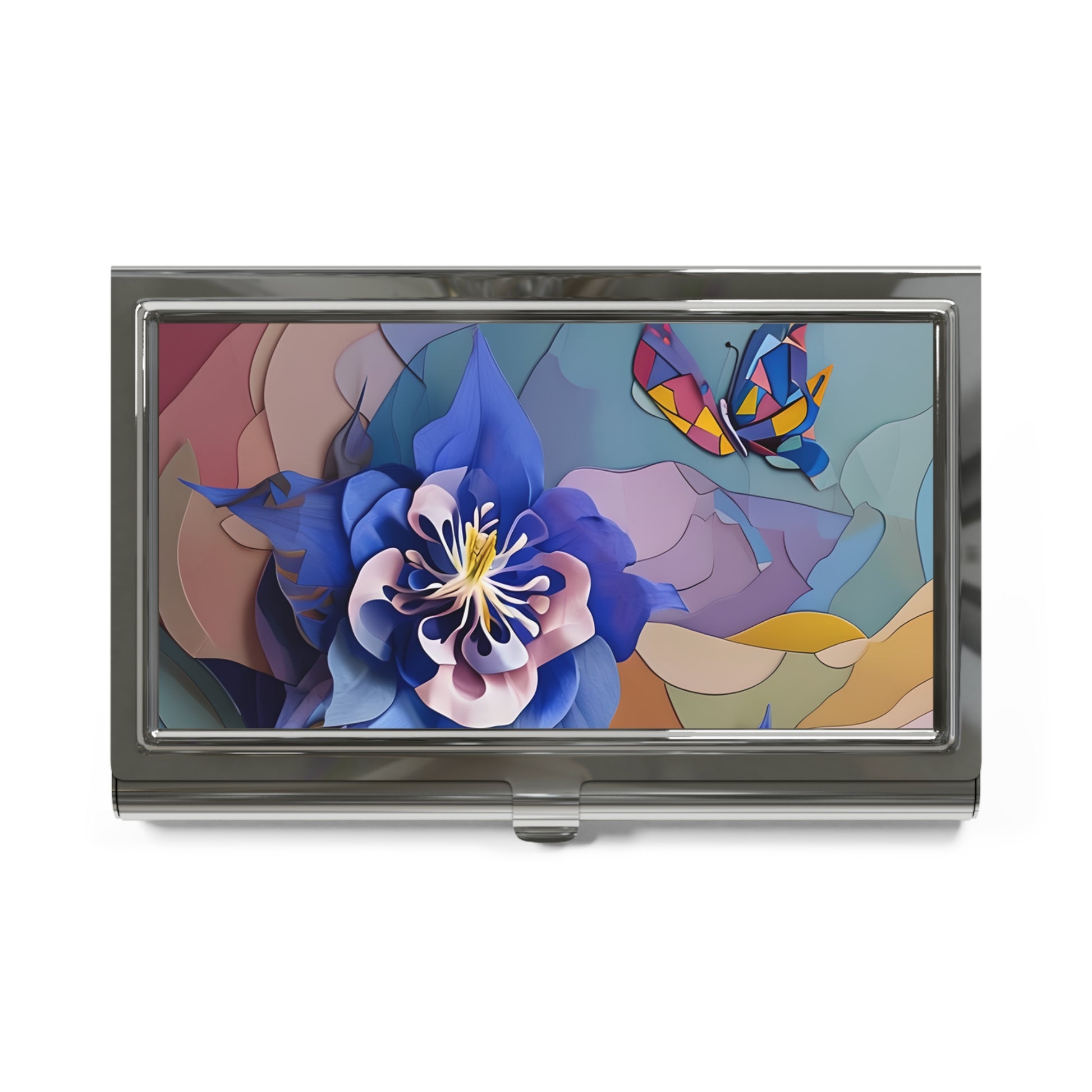 Blue Columbine Carnivale flower and butterfly business card holder closed top view