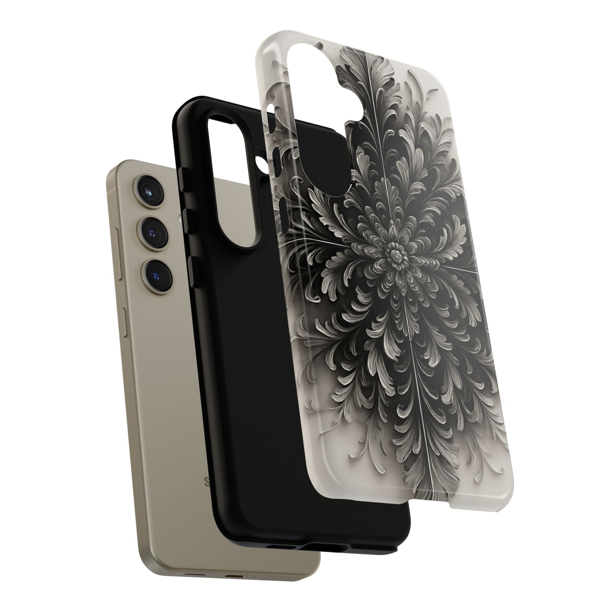 Obsidian Bloom - Elegant Black & White Samsung Galaxy S24 Tough Phone Case - Intricate Mandala Flower Design