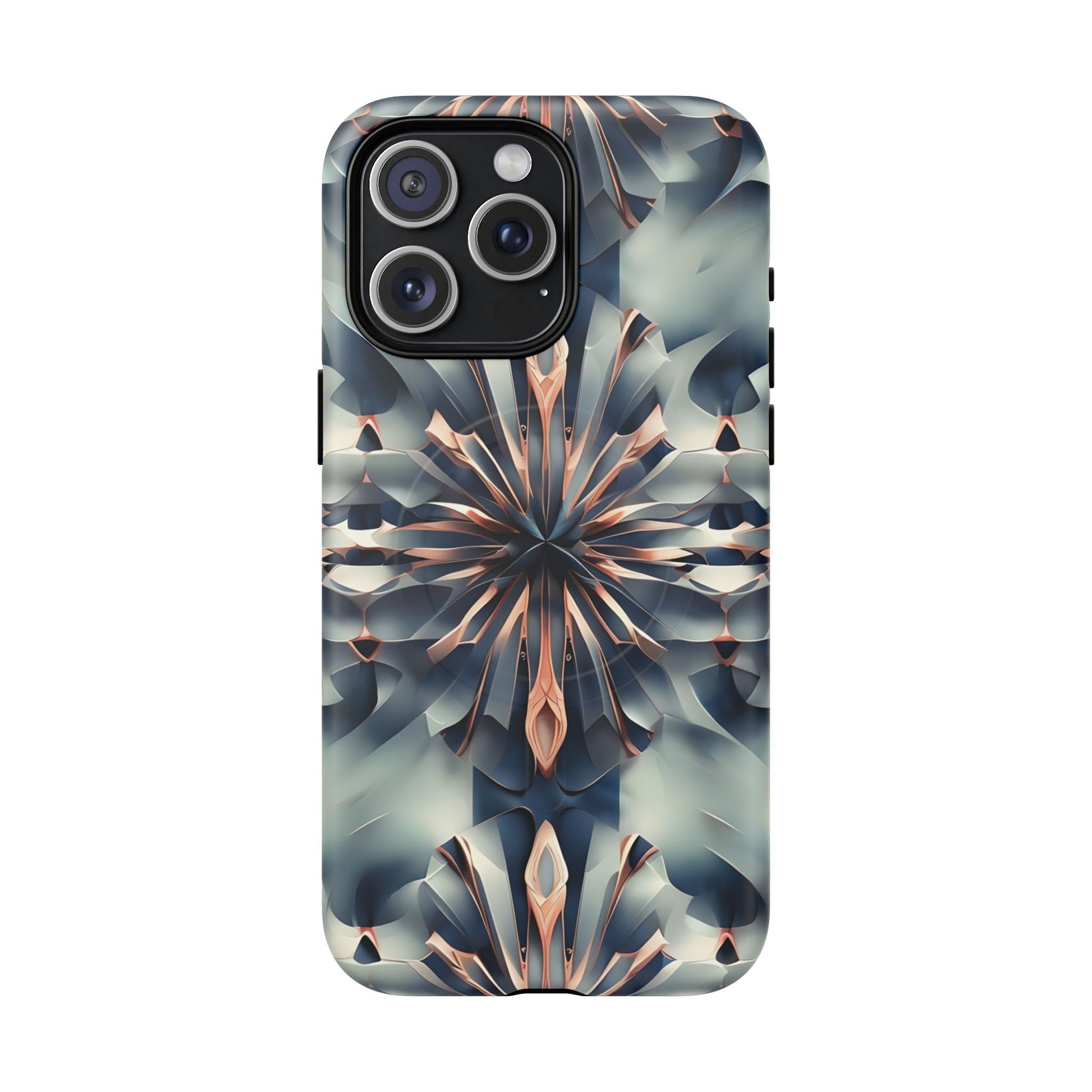 Obsidian Kaleidoscope Artistic Floral Burst - iPhone 15 Pro Max MagSafe Phone Case -Blue, Peach and Silver Symmetrical Design