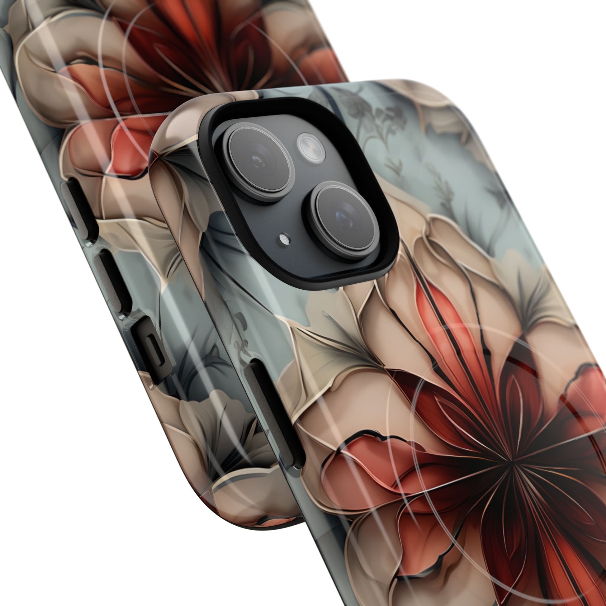Ember Bloom - Kaleidoscope Collection Artistic Floral iPhone 15 MagSafe Phone Case - Fiery Symmetrical Design