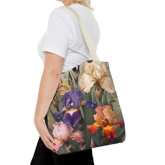Iris Reverie canvas tote bag worn over shoulder showing vibrant iris flower design