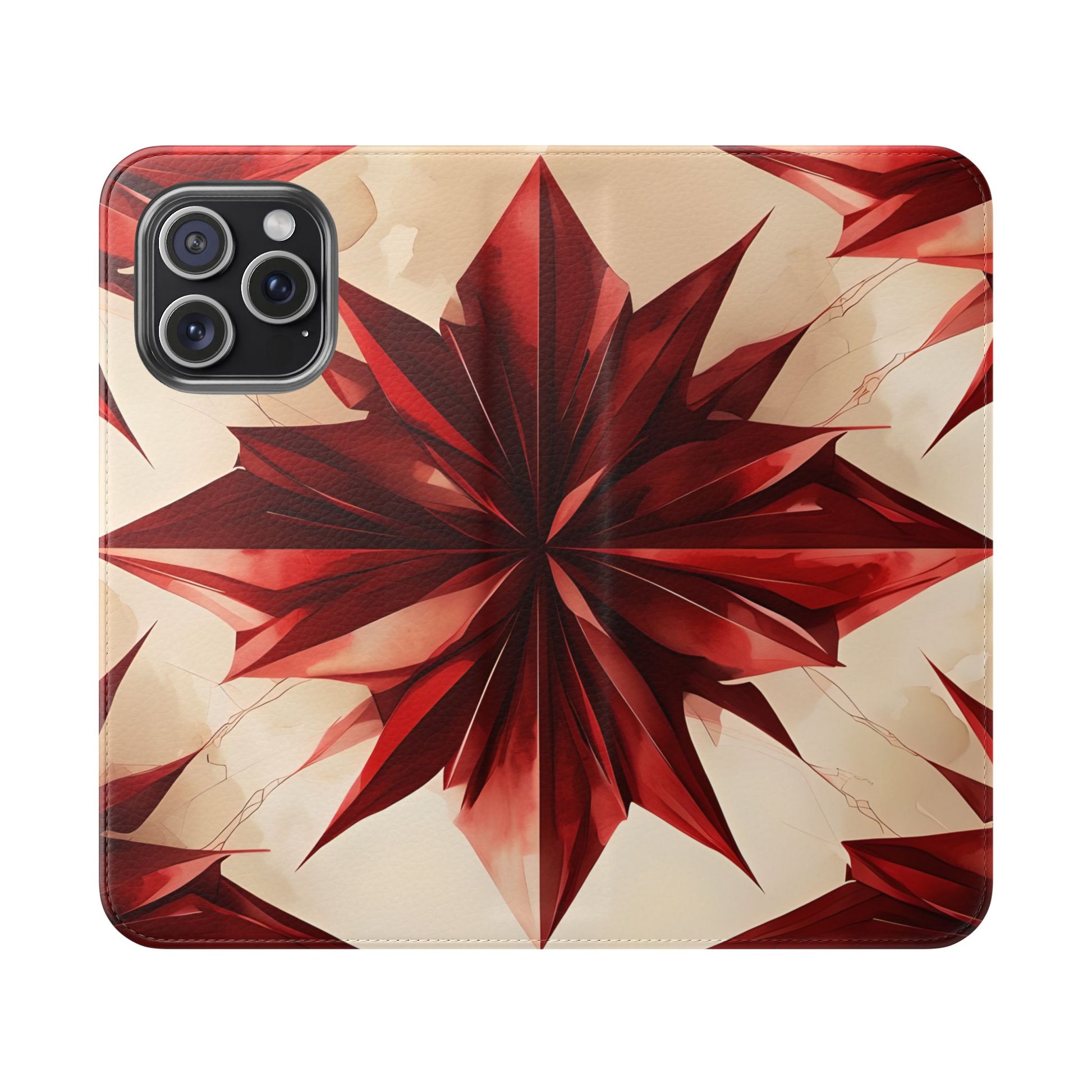 Ruby Compass iPhone 15 Pro Max Wallet Case - Bold Geometric Flip Cover with Card Slots