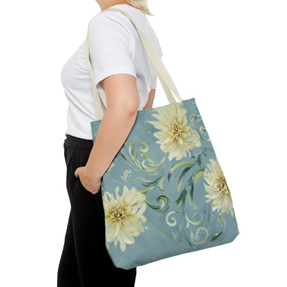 Golden Dahlia Trio Tote Bag (16x16 & 18x18)- Soft Blue Canvas with Elegant Floral Swirl Design, Reusable & Eco-Friendly