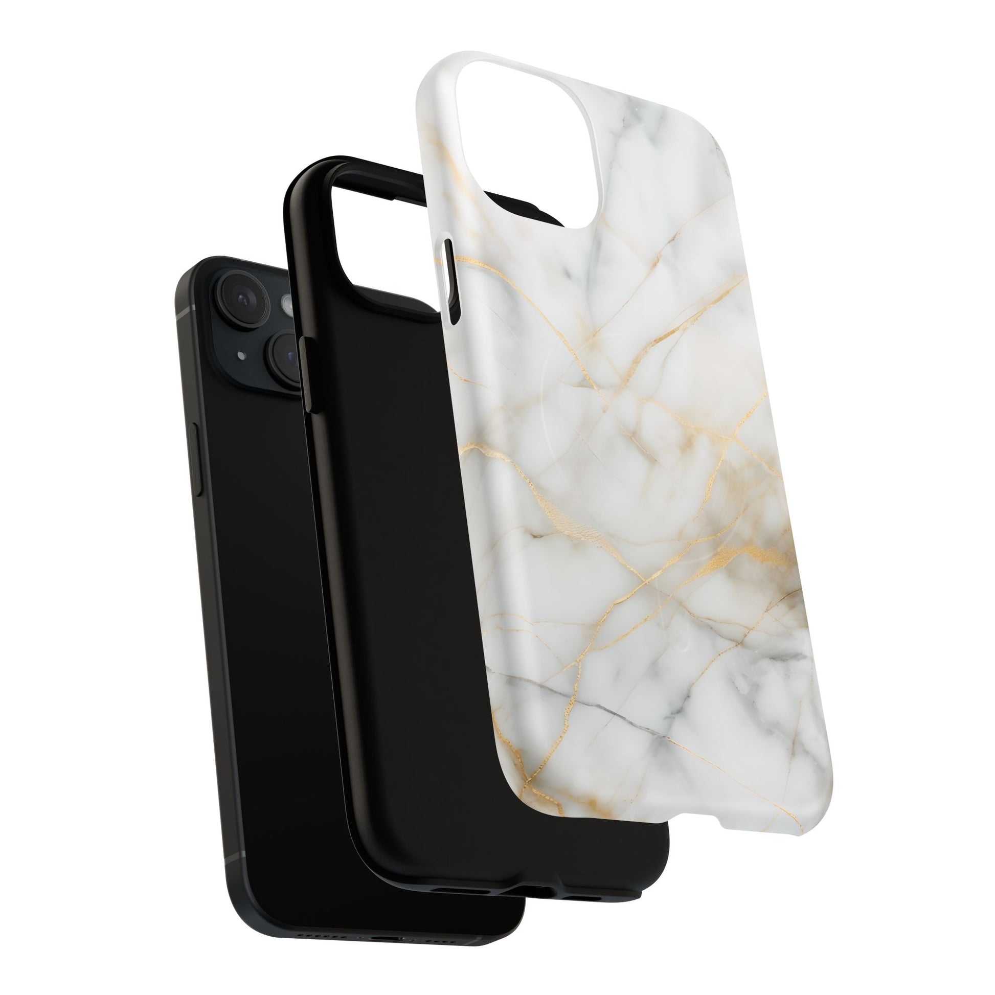 Golden Vein iPhone 15 Plus MagSafe Phone Case -White Neutral Marble Design