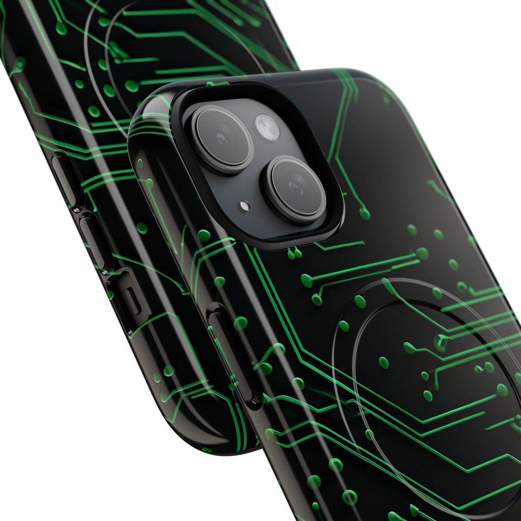Green Circuit Grid iPhone 15 MagSafe Compatible case- Tech-Inspired Shockproof Cover