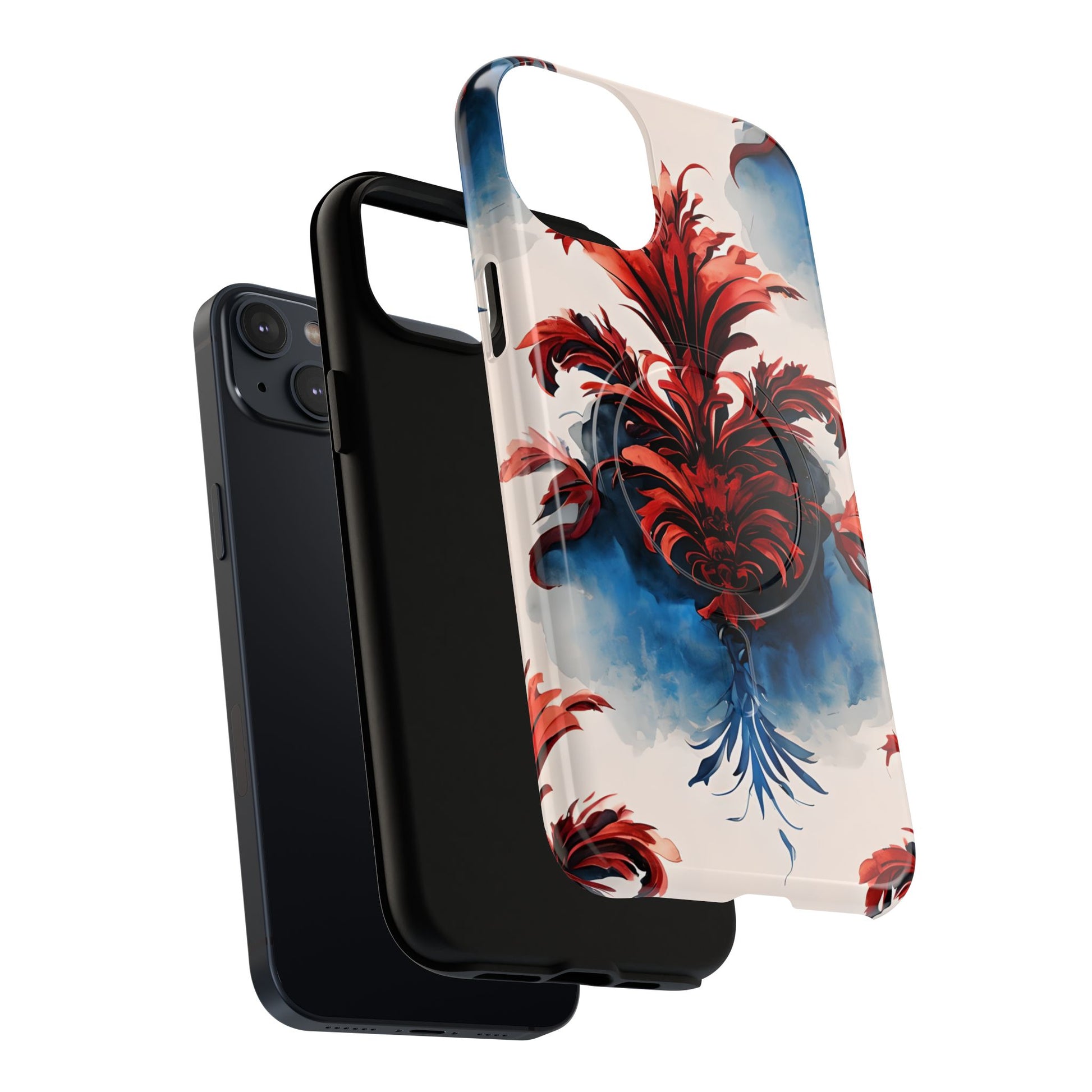 Crimson Plume - Bold Artistic Feather iPhone 14 Plus MagSafe Phone Case - Dramatic Red & Blue Design