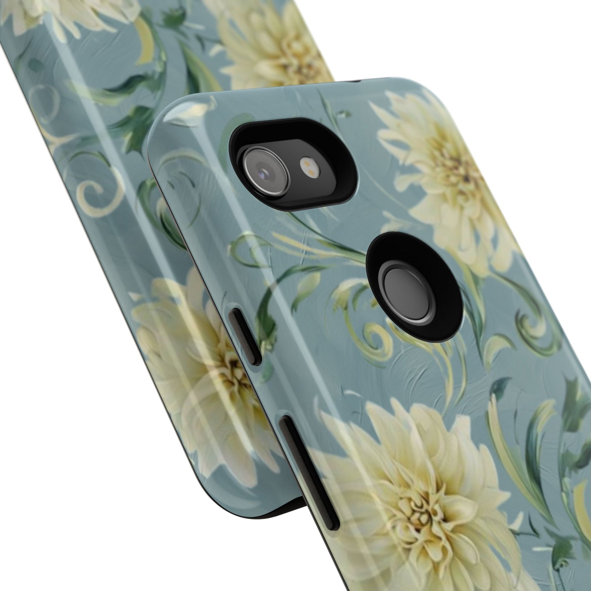 Golden Dahlia Trio - Elegant Floral Google Pixel 3a Tough Phone Case - Artistic White & Blue Dahlia Design