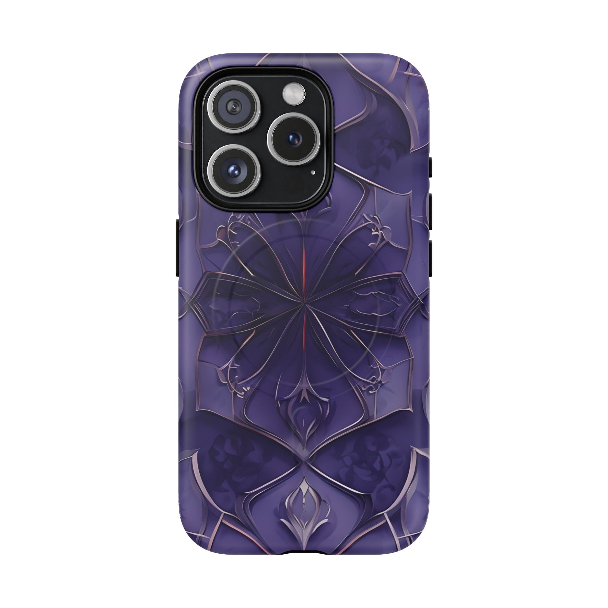 Violet Nebula - Kaleidoscope Collection Artistic Floral Burst - iPhone 15 Pro MagSafe Phone Case -Bold Purple Symmetrical Design