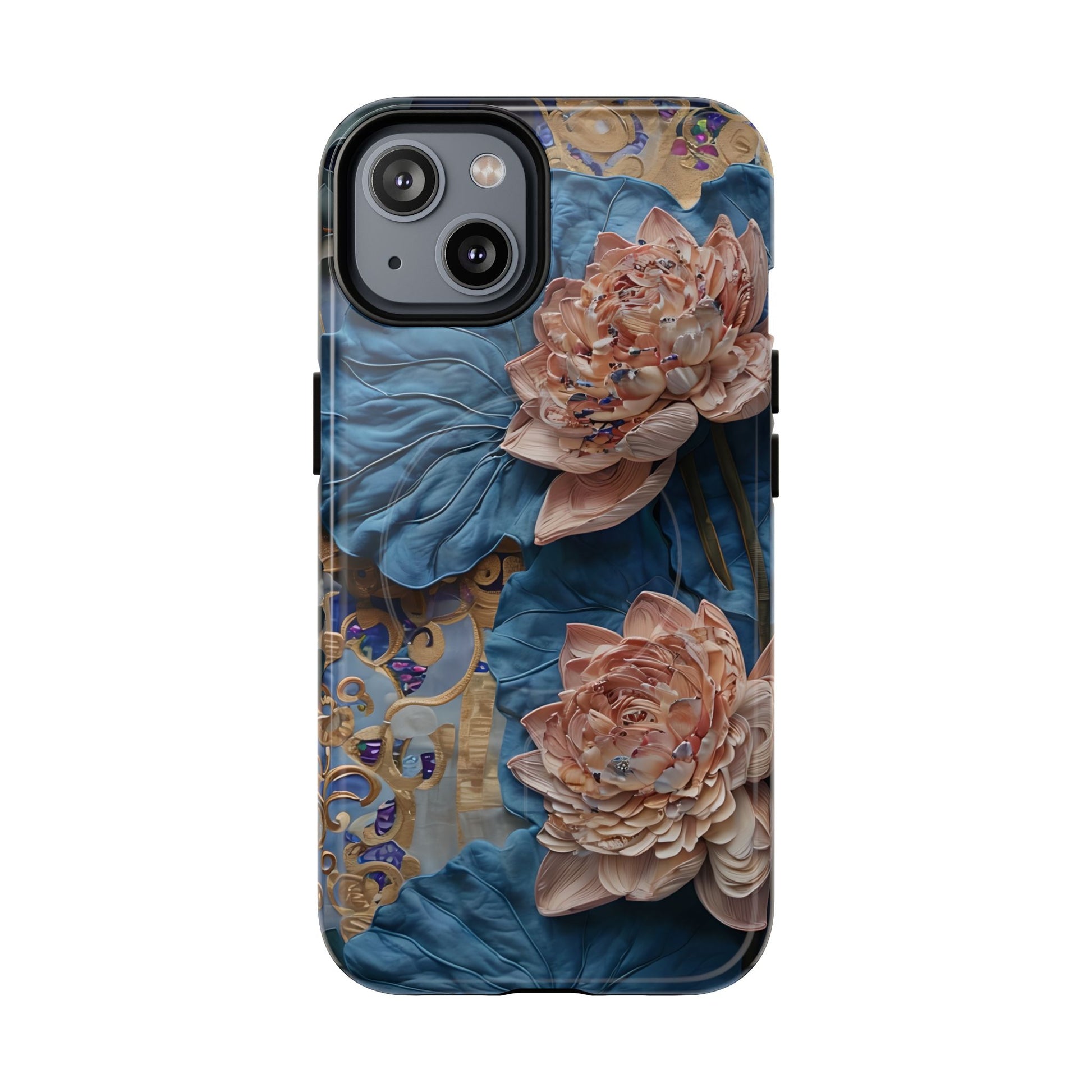 Peony Midnight Tapestry - iPhone 14 - MagSafe Compatible - Elegant Blue & Blush Artful Phone Cover