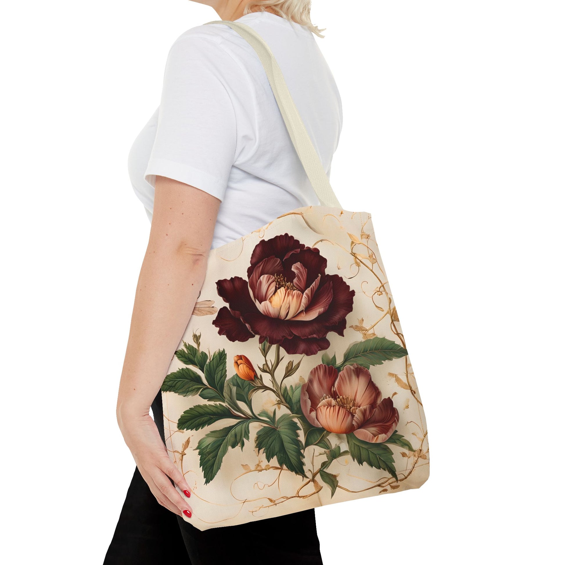 Vintage Burgundy Rose canvas tote bag worn over shoulder displaying vintage rose illustration