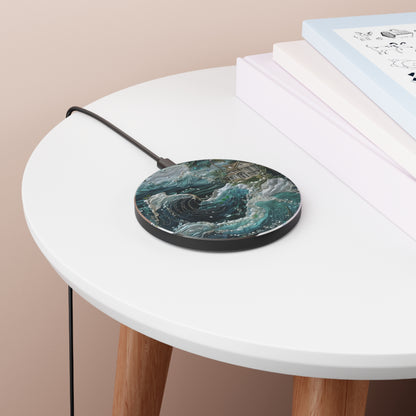 Tropical Midnight Wave ocean wave art Qi wireless charger on bedside table with books