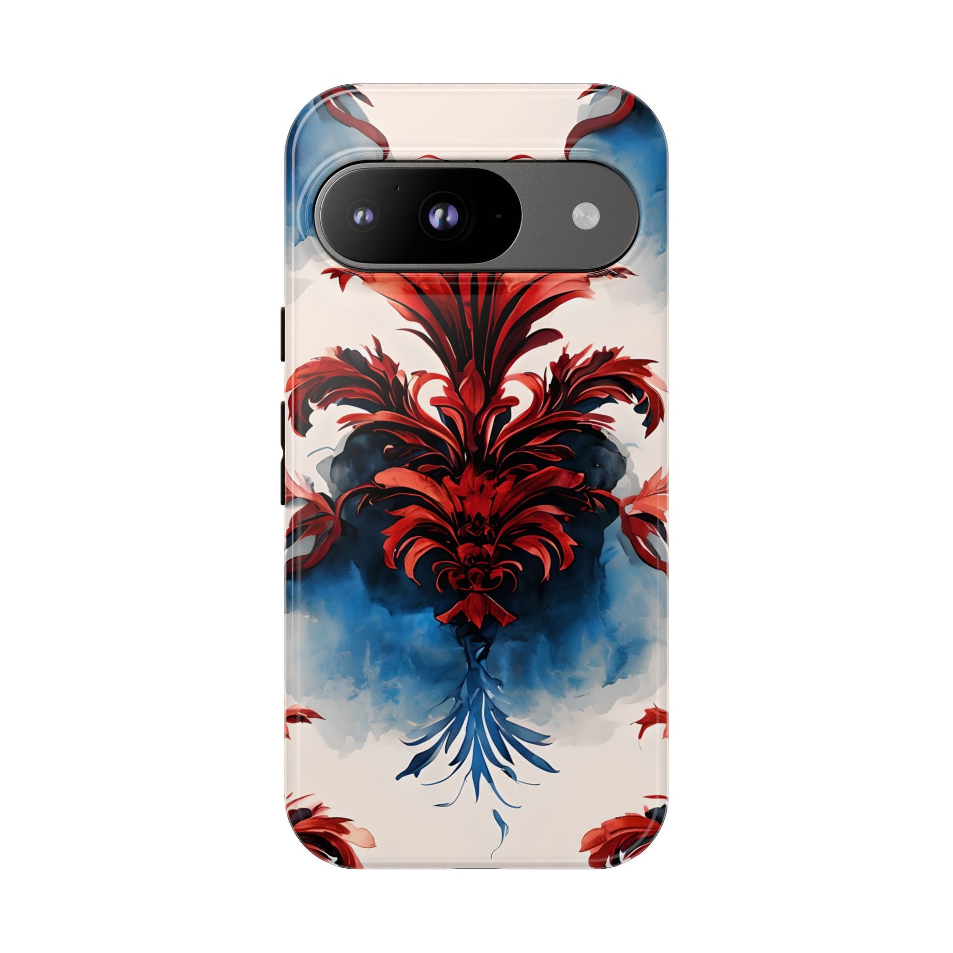 Crimson Plume - Bold Artistic Feather Google Pixel 9 Tough Phone Case - Dramatic Red & Blue Design