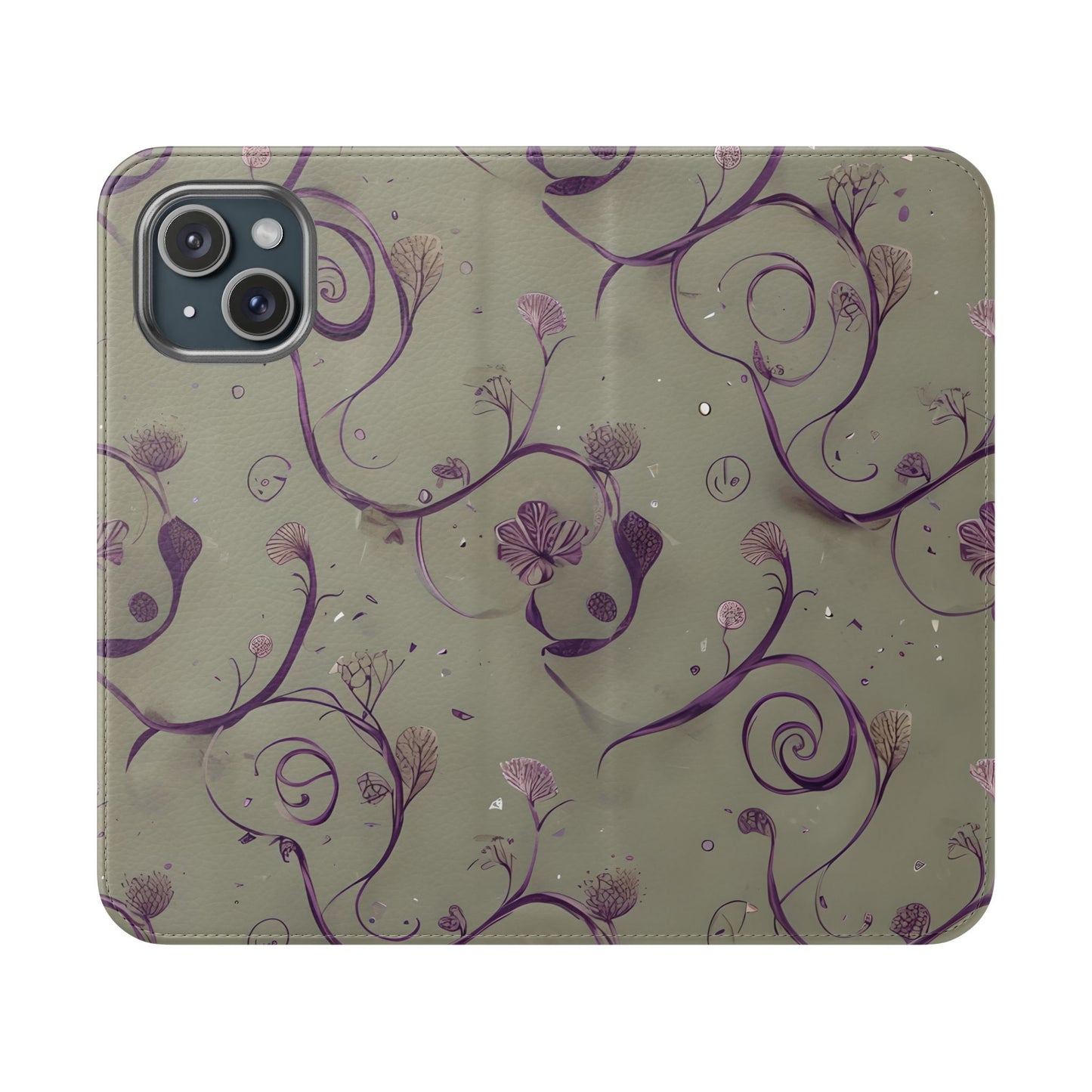 Twilight Thistle floral iPhone wallet flip phone case with purple thistles and swirling vines