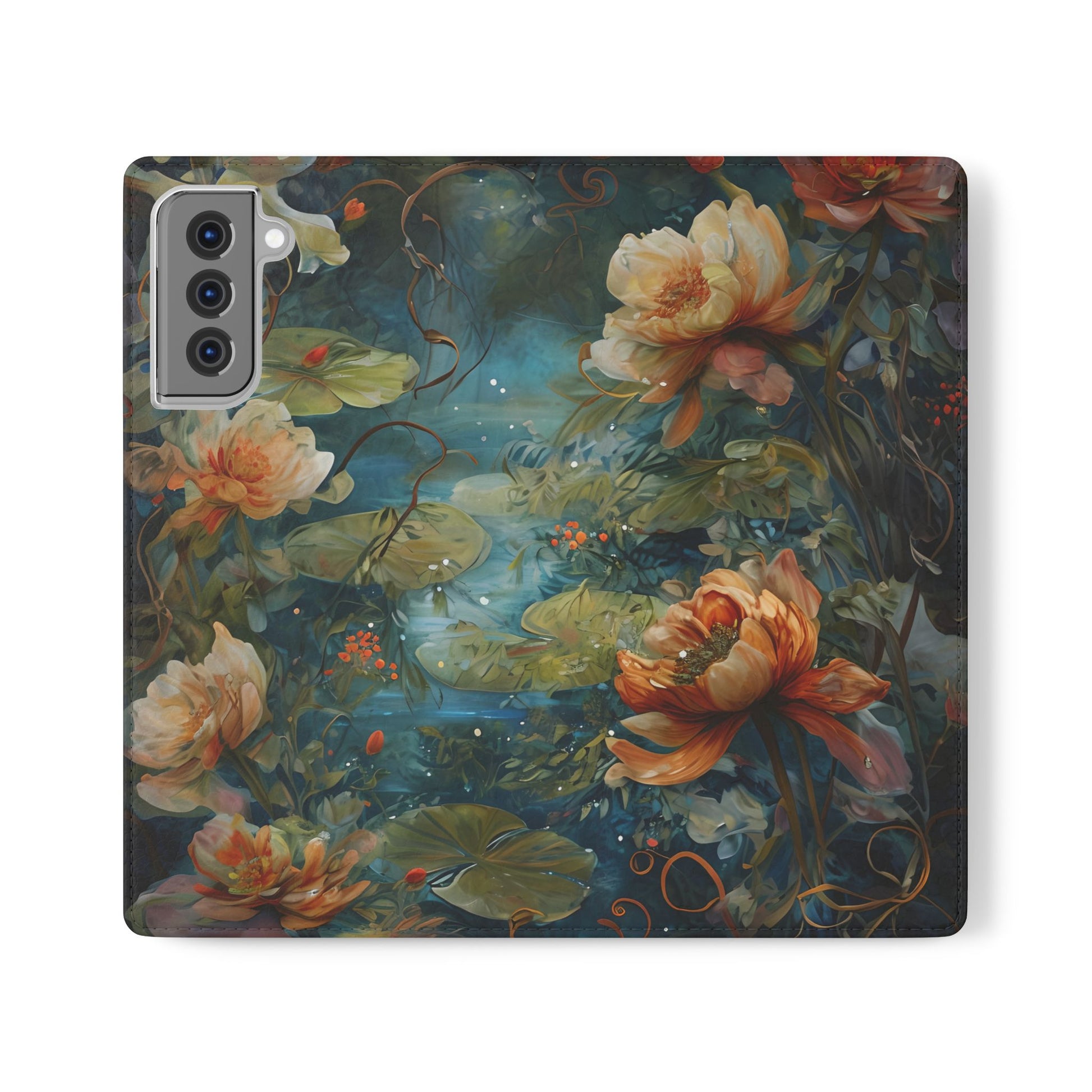 Waterlily Nocturne Samsung Galaxy S21 Plus Wallet Case - Elegant Floral Flip Cover, Vintage Botanical Phone Folio