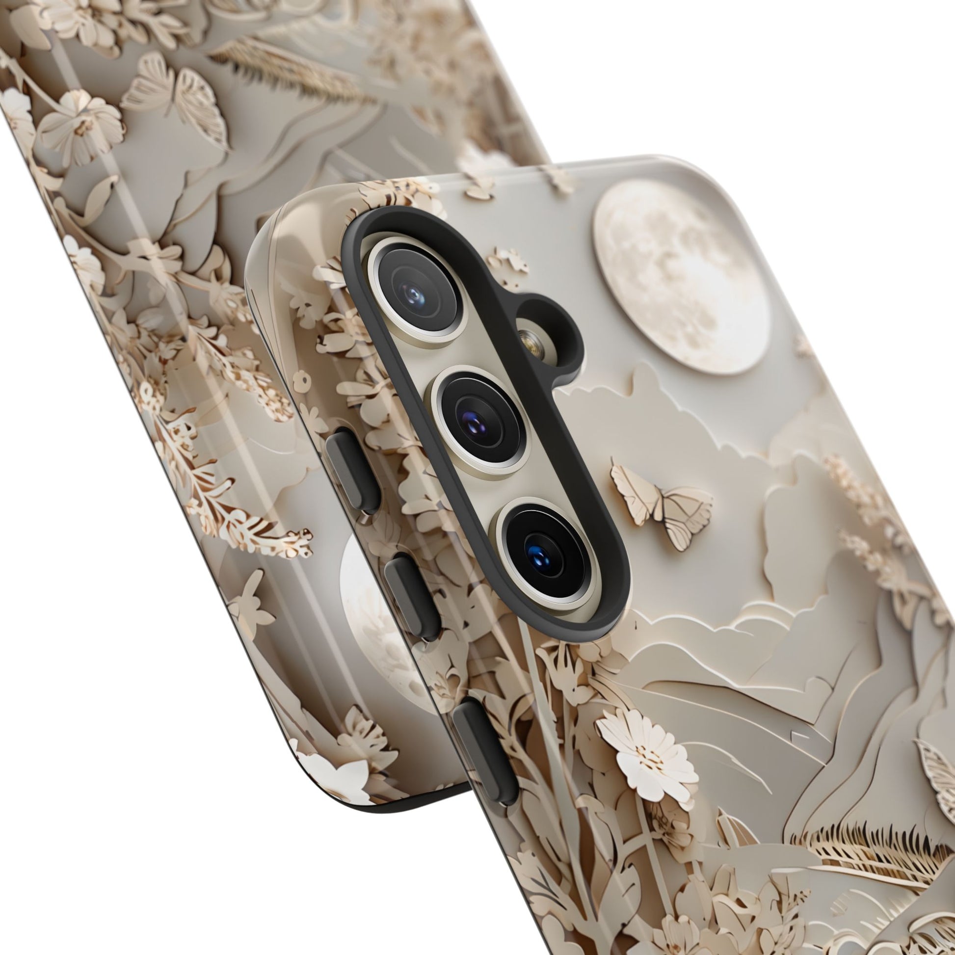 Moonlit Garden - Elegant Neutral Floral Samsung Galaxy S24 Tough Phone Case - Painterly Botanical & Moon Design