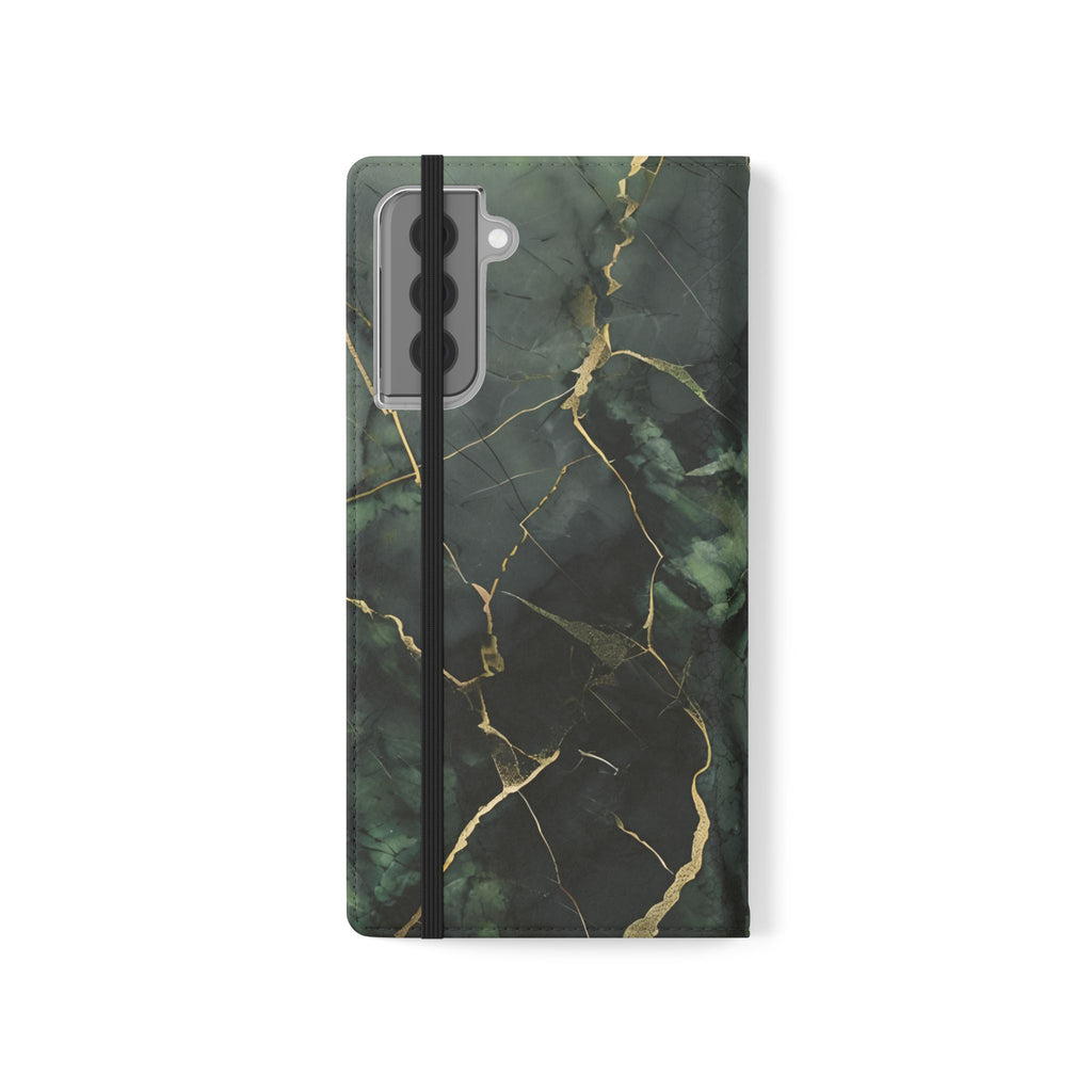 Verdant Vein - Flip Phone Case for Samsung Galaxy S21 Plus - Green and Gold Marble Design