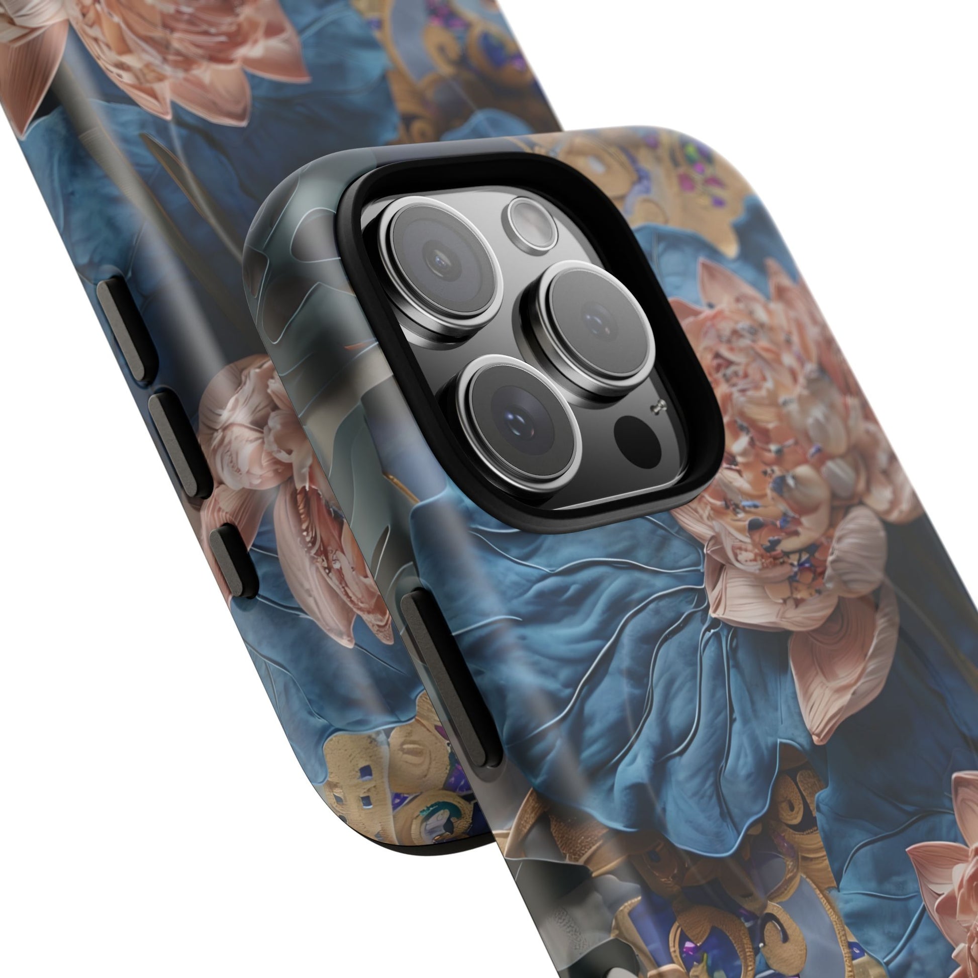 Peony Midnight Tapestry - iPhone 16 Pro - MagSafe Compatible - Elegant Blue & Blush Artful Phone Cover