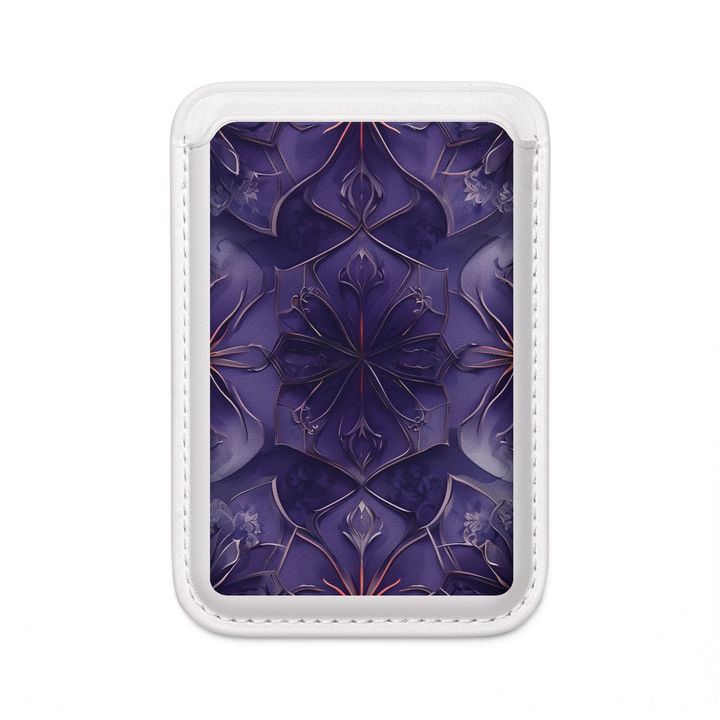 Violet Nebula MagSafe card holder with violet cosmic geometric design on white magnetic wallet.