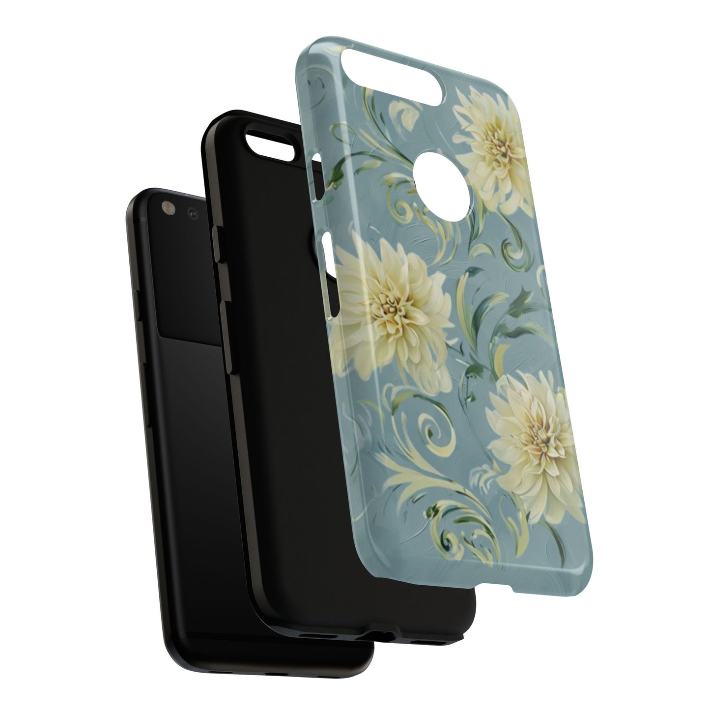 Golden Dahlia Trio - Elegant Floral Google Pixel Tough Phone Case - Artistic White & Blue Dahlia Design