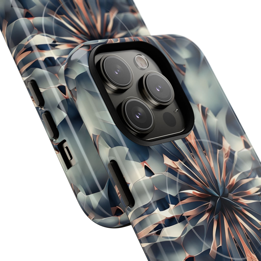 Obsidian Kaleidoscope Artistic Floral Burst - iPhone 14 Pro MagSafe Phone Case -Blue, Peach and Silver Symmetrical Design