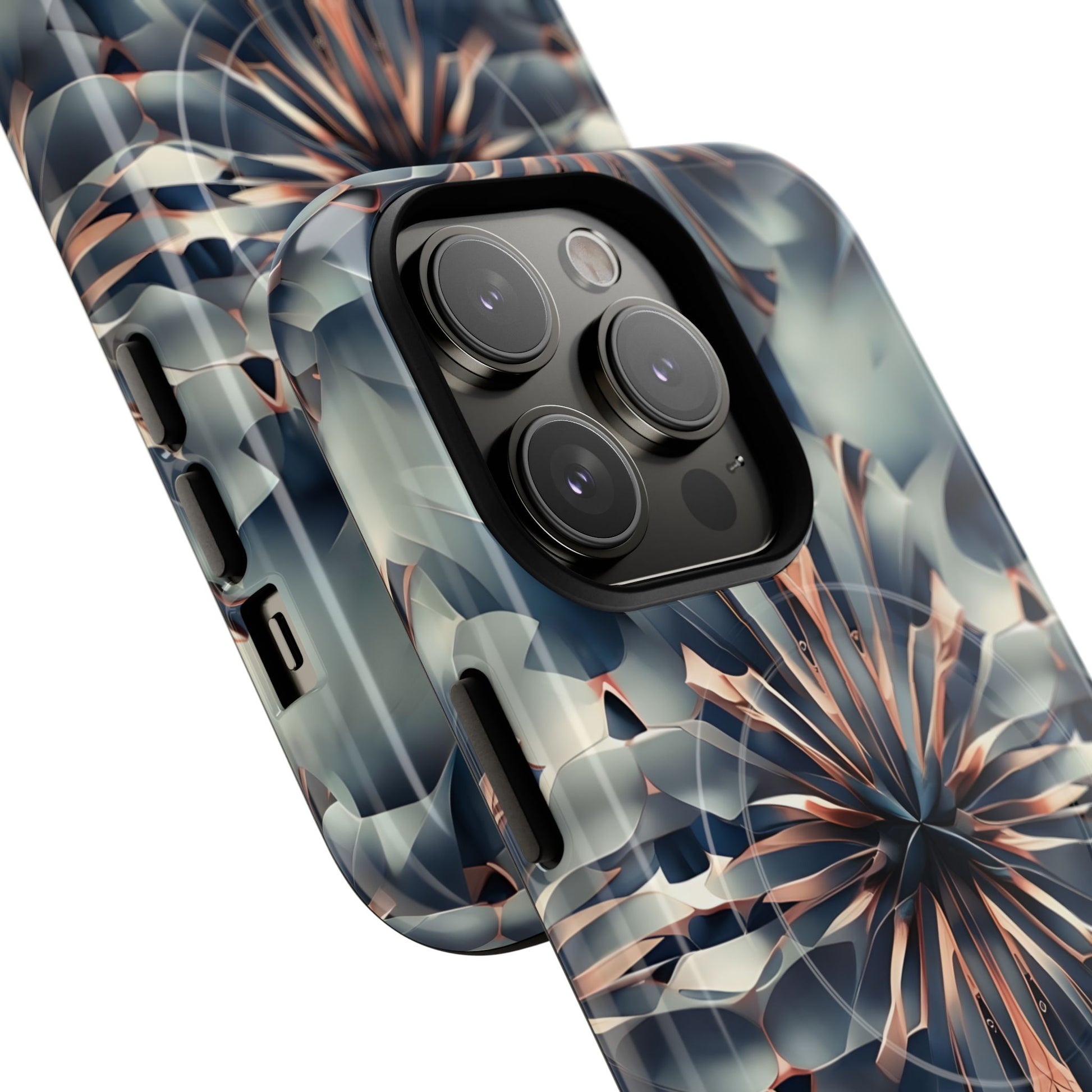 Obsidian Kaleidoscope Artistic Floral Burst - iPhone 14 Pro MagSafe Phone Case -Blue, Peach and Silver Symmetrical Design