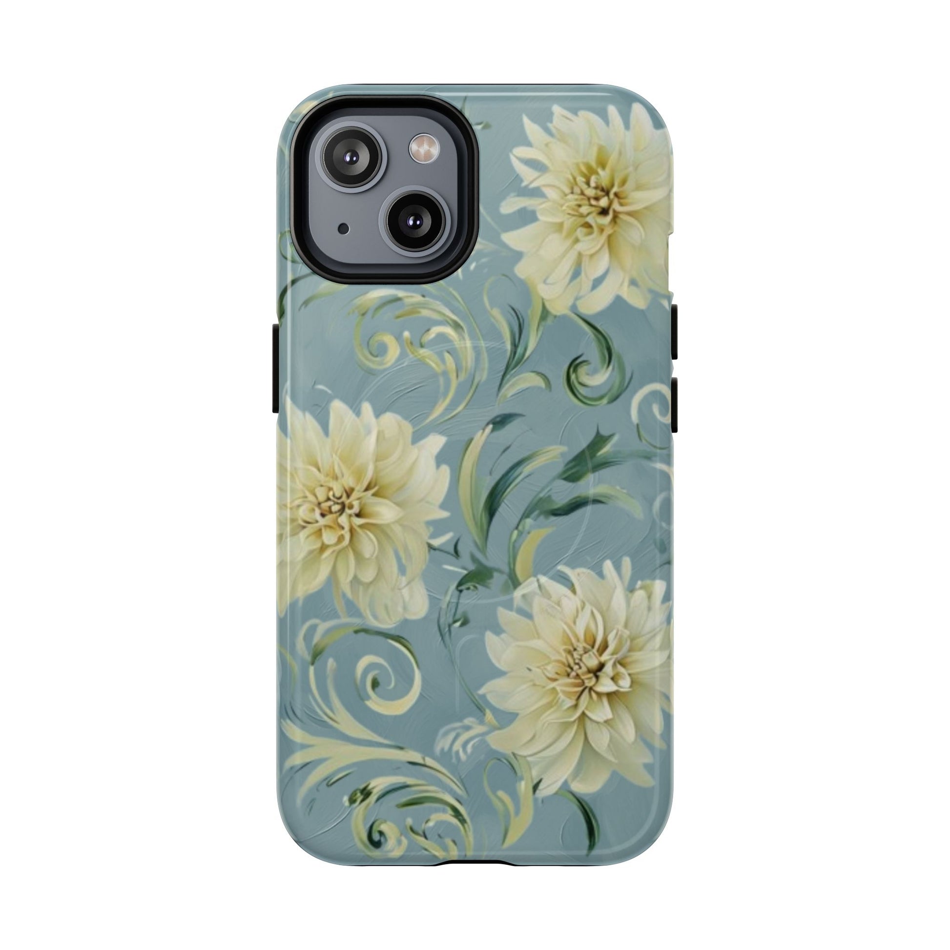 Golden Dahlia Trio - Elegant Floral iPhone 14 MagSafe Phone Case - Artistic White & Blue Dahlia Design