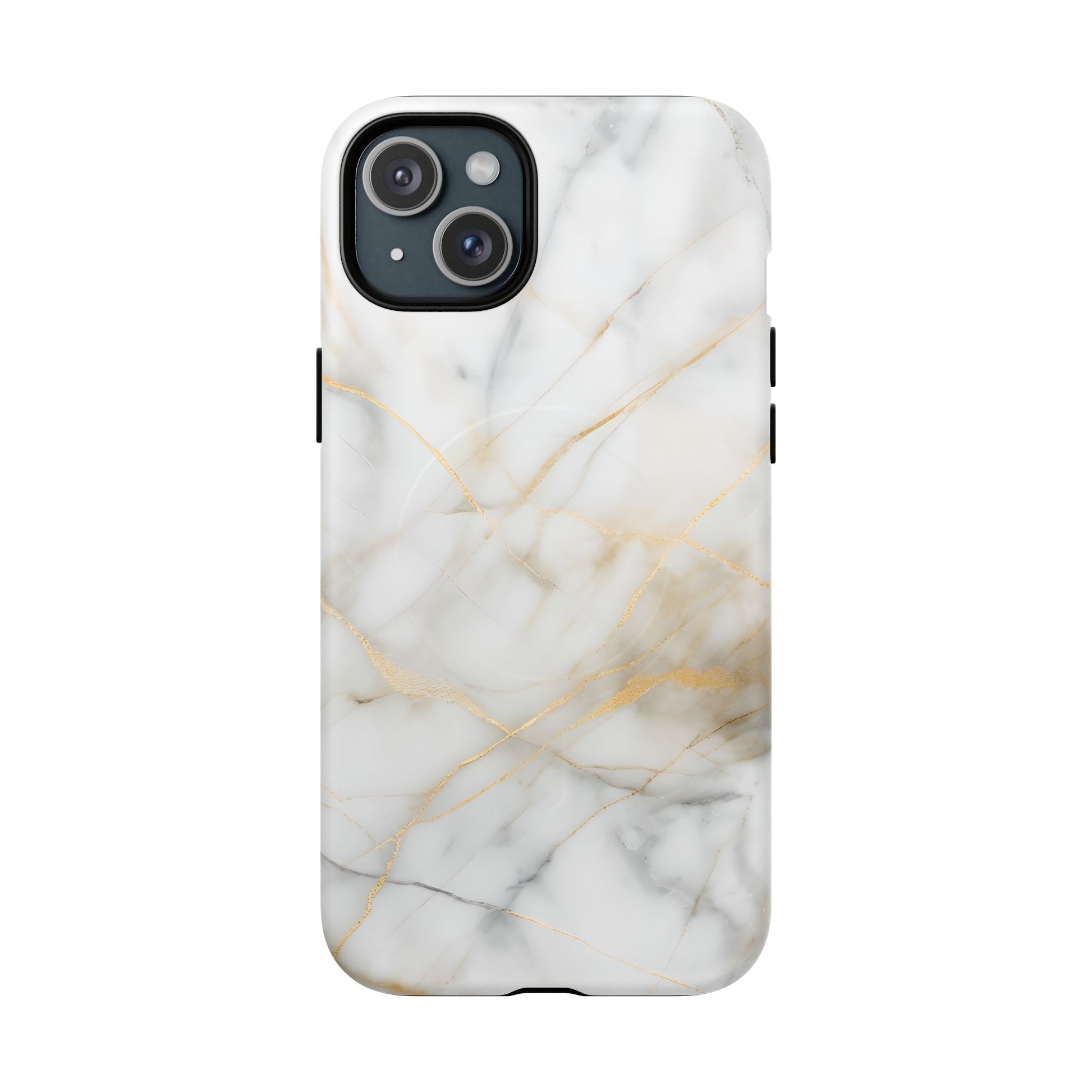 Golden Vein iPhone 15 Plus MagSafe Phone Case -White Neutral Marble Design