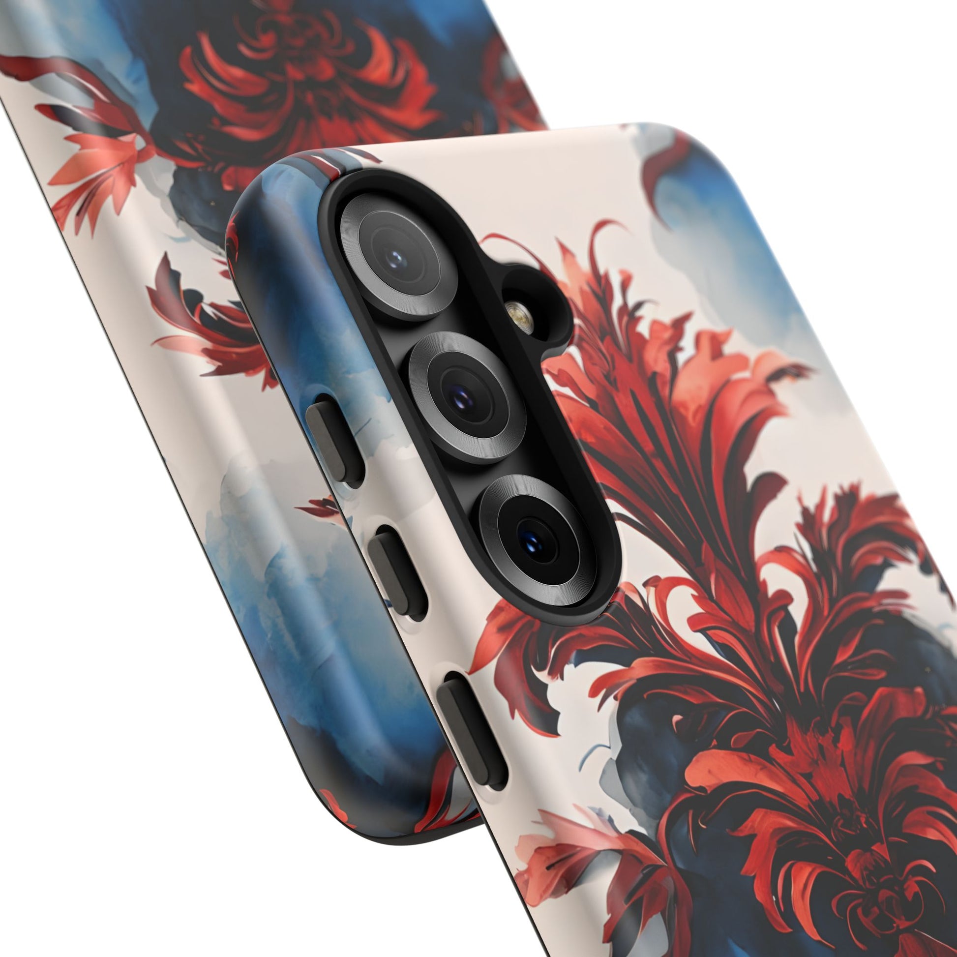 Crimson Plume - Bold Artistic Feather Samsung Galaxy S25 Tough Phone Case - Dramatic Red & Blue Design