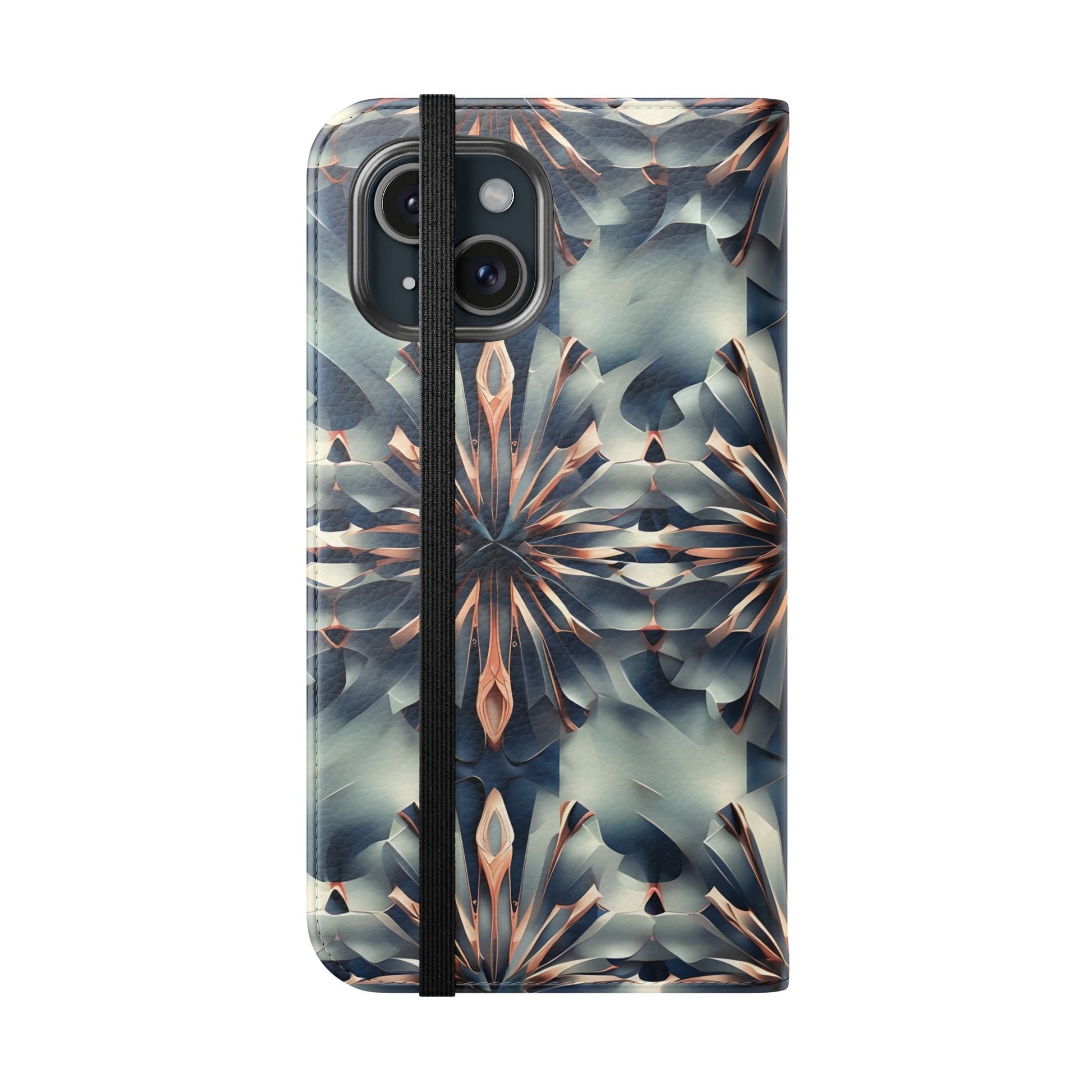 Obsidian Kaleidoscope iPhone 15 Wallet Case - Elegant Abstract Flip Cover with Card Slots
