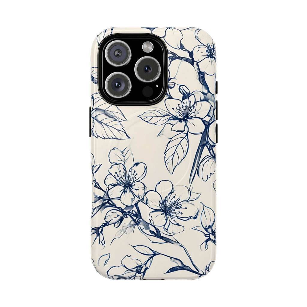 Blossom Sketch - Artistic Blue Floral - iPhone 16 Pro MagSafe Phone Case - Hand-Drawn Botanical Design