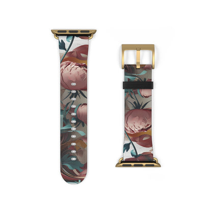 Blushing Peony Veil Apple Watch band strap with gold clasp featuring elegant blush pink peony flower artwork