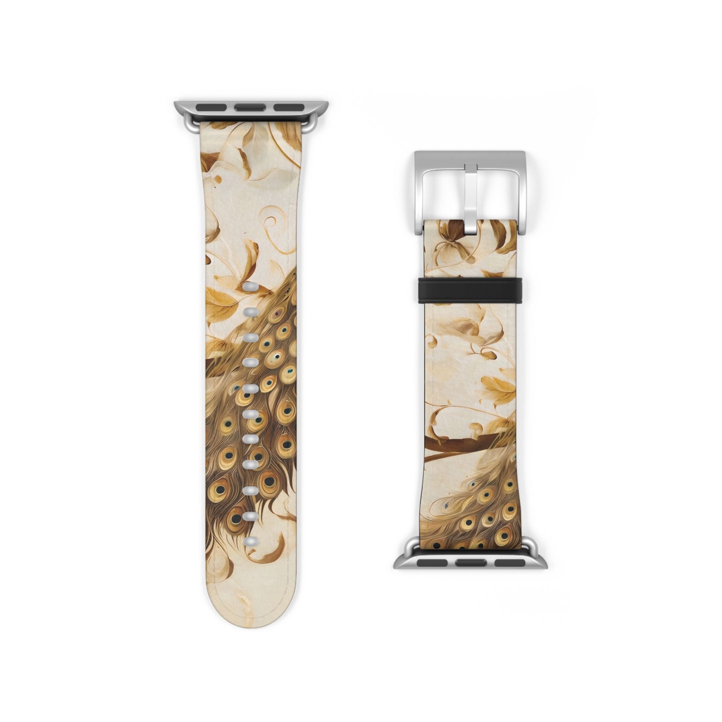 Golden Plumage Apple Watch band strap with silver clasp showing detailed gold feather artwork on ivory background
