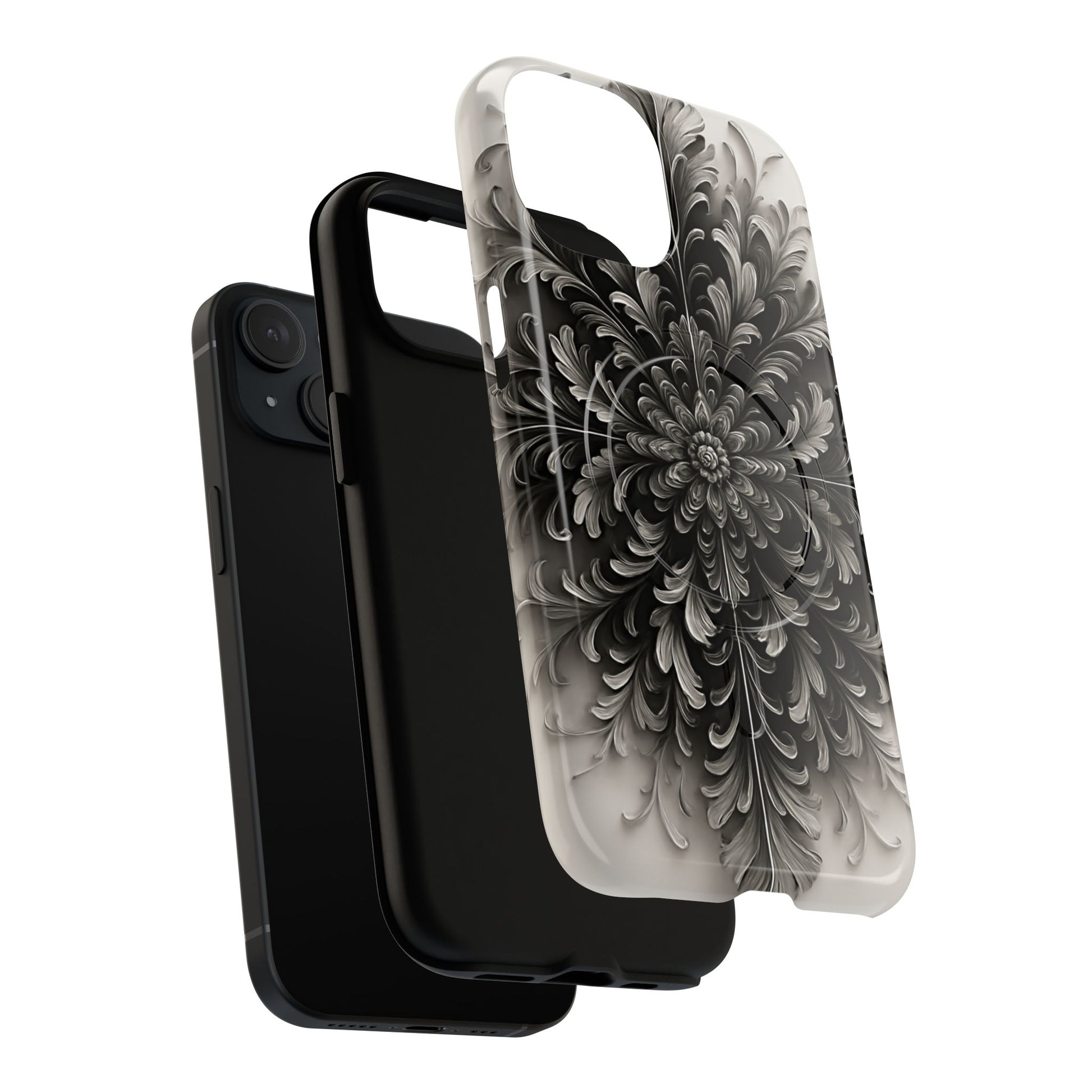 Obsidian Bloom - Elegant Black & White iPhone 15 MagSafe Phone Case - Intricate Mandala Flower Design