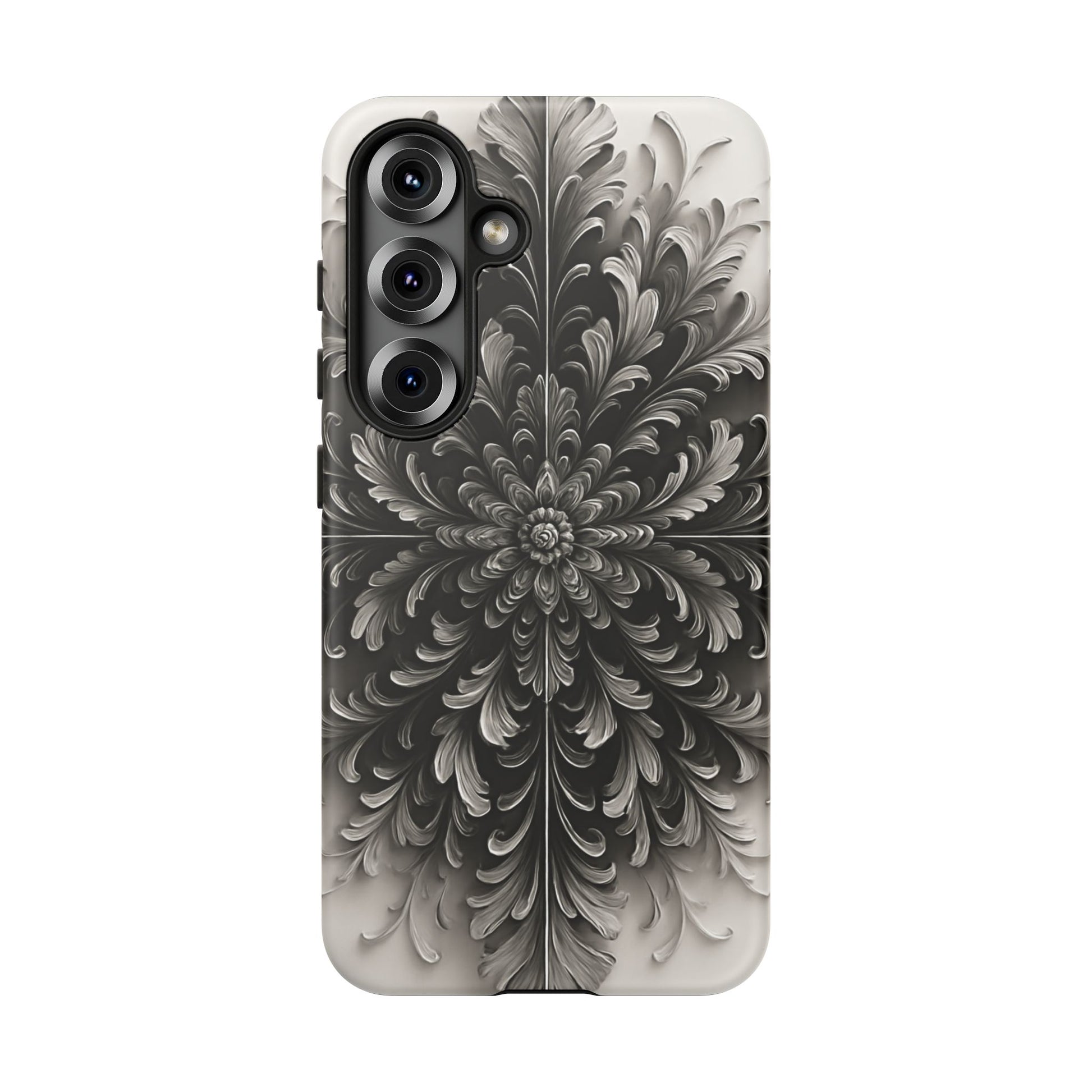Obsidian Bloom - Elegant Black & White Samsung Galaxy S25 Tough Phone Case - Intricate Mandala Flower Design