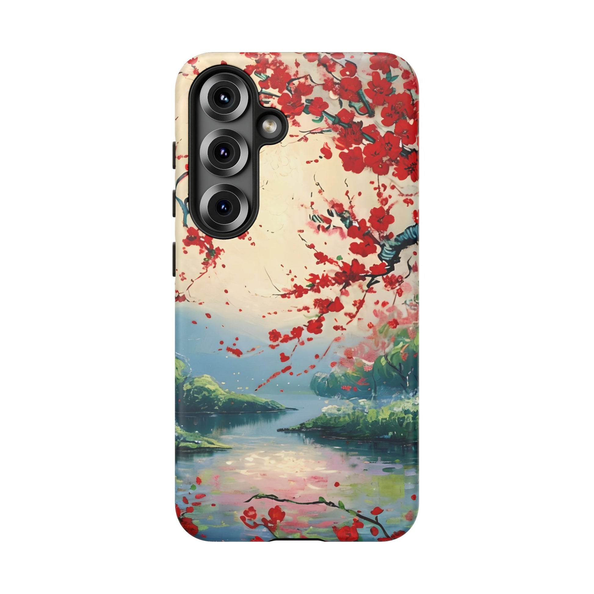 Crimson Blossom Lake - Artistic Floral Landscape Samsung Galaxy S25 Tough Phone Case - Red Cherry Blossoms & Serene Lake Design